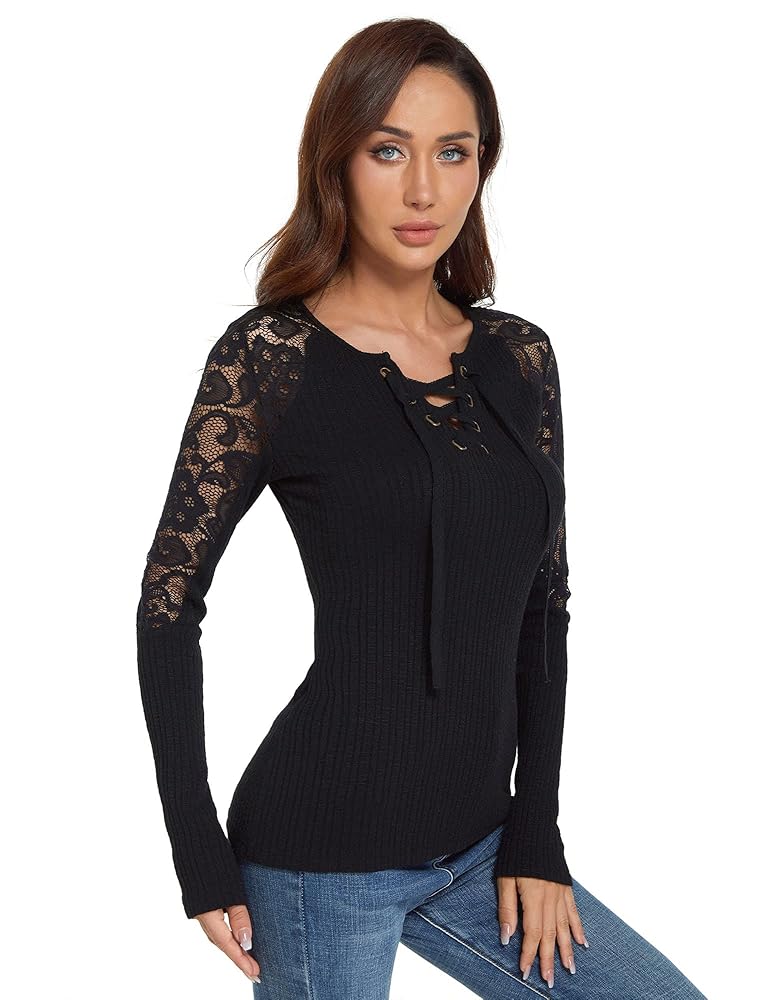トップス mediam knit lace tops AmélieBoutik Women Floral Lace Inset Lace Up Ribbed Long