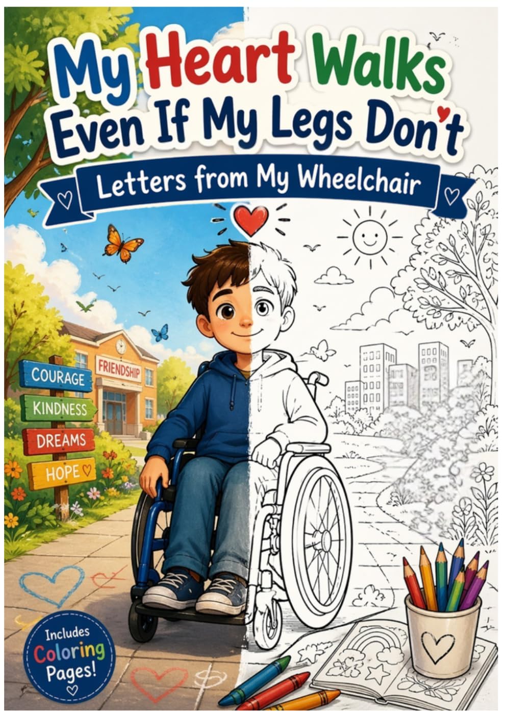 My Heart Walks Even If My Legs Don’t , Letters from My Wheelchair: Letters of Friendship, Courage, and Disability Inclusion, Includes coloring pages for Kids Ages 6–14