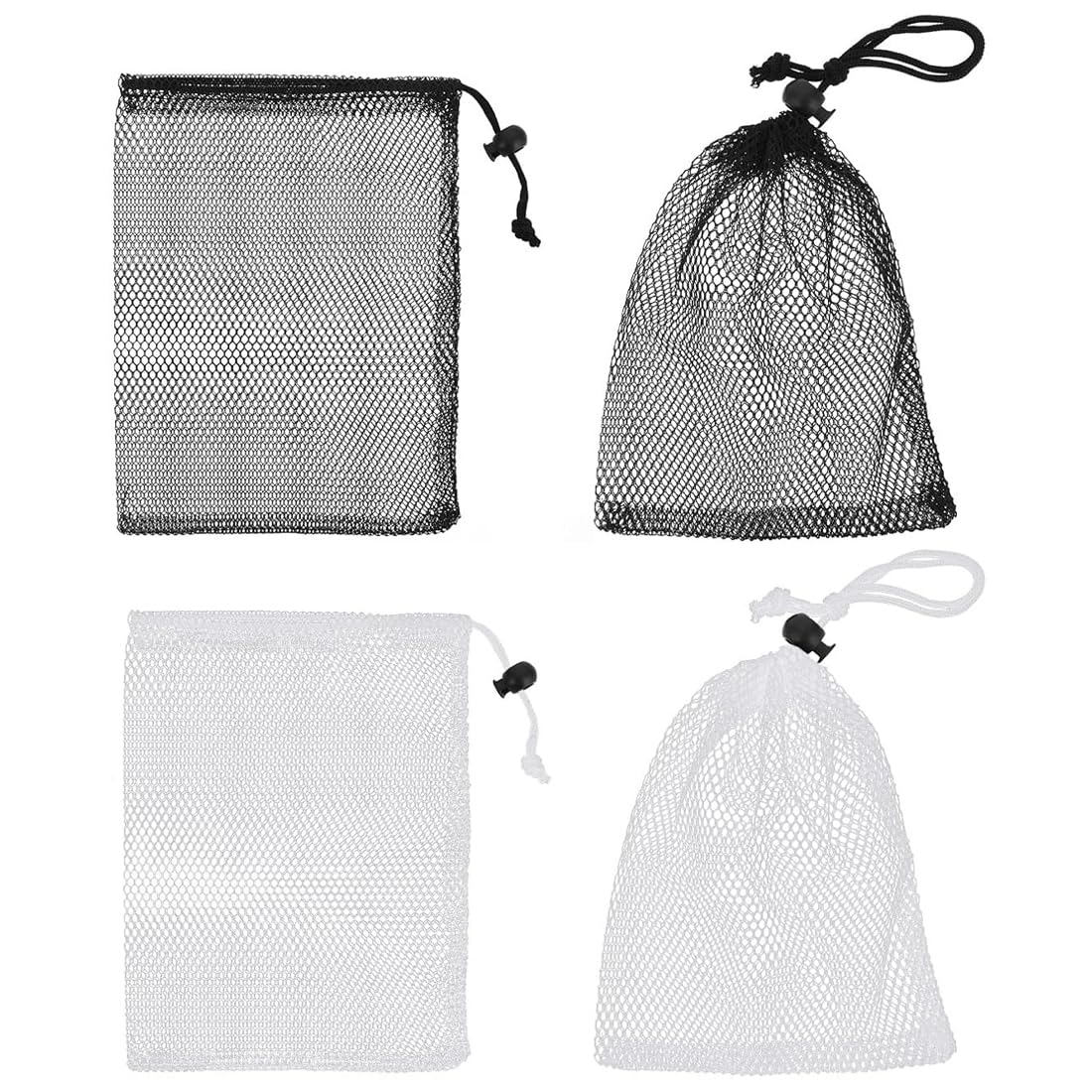 4 Pezzi sacchetti a rete in nylon, con coulisse, per palestra, viaggi, attività all'aperto, Sacchetti a Rete con Cordoncino, Borsa da Spiaggia in Rete, Borsa a Retes in Nylon (Nero/Bianco)
