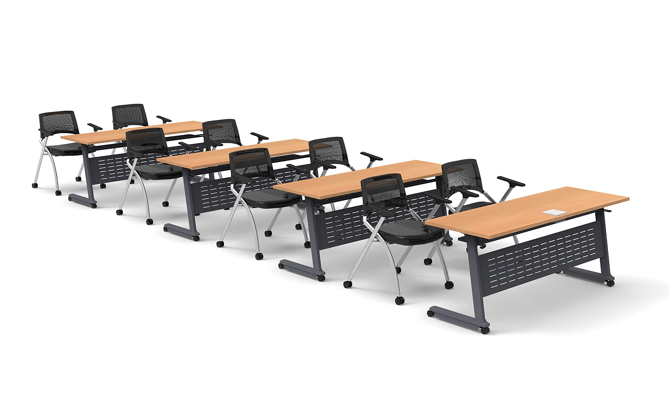 8 Person Tables Training Meeting Seminar Classroom Model 5543 12pc Beech Folding Industrial Caster Z-Base. Tables connect. Modesty Panel, Shelf, Power+USB outlet. Fold+Nest Storage (Seating included).