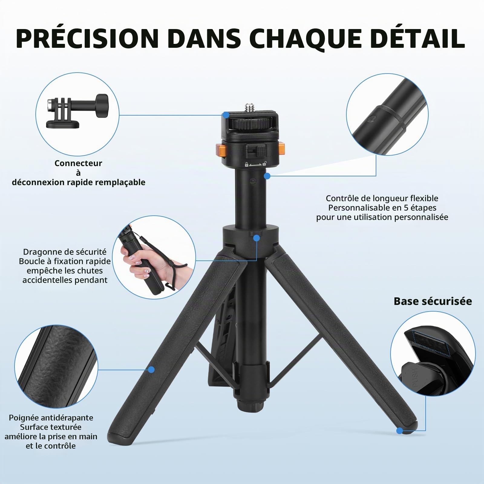 Osmo Pocket 3 Trépied Extensible Go Pro, Mini trépied Bureau Portable, vis dégagement Rapide 6,35 mm Vlog DJI Action 5 Pro Insta 360 X4