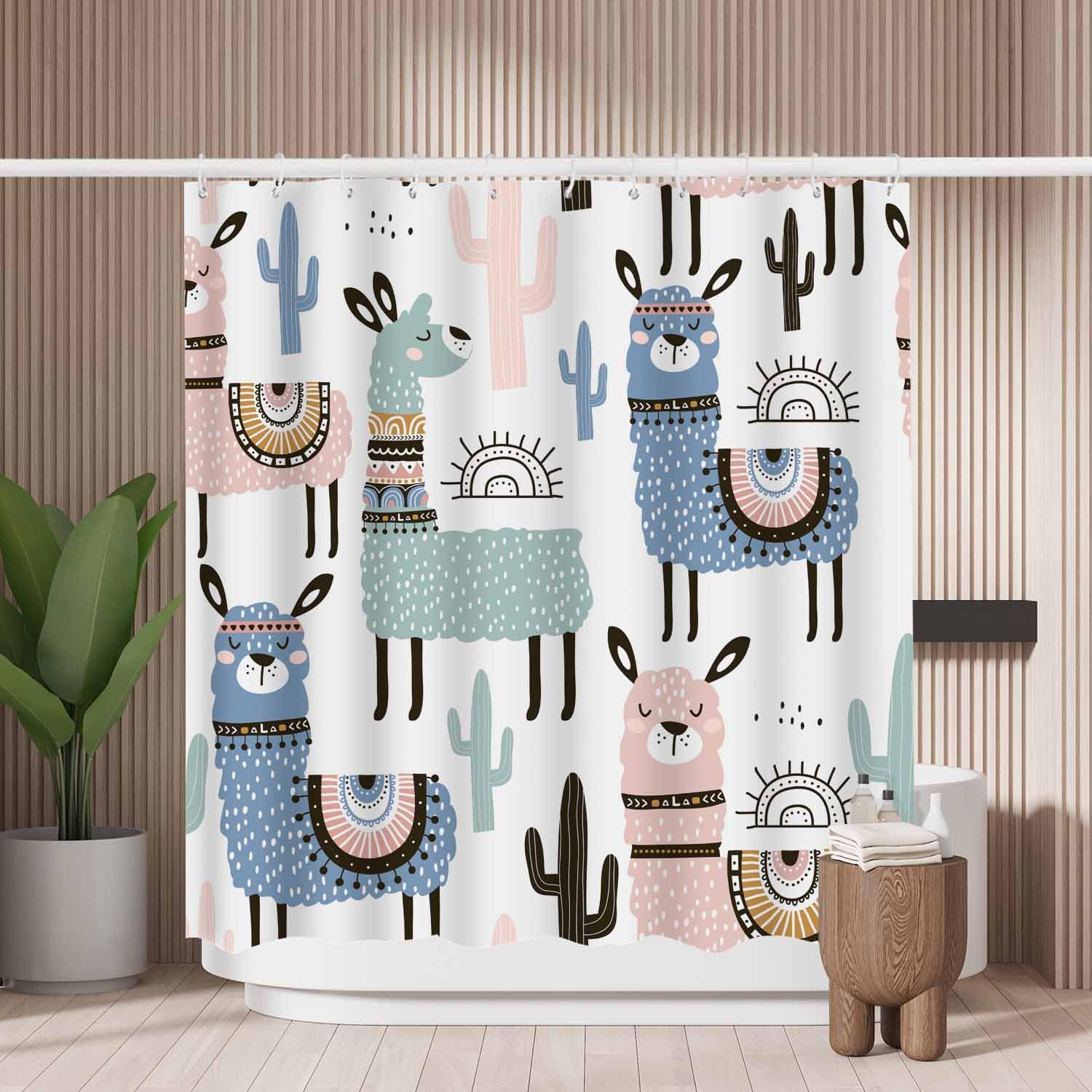Woutay A191 Shower Curtain Mould Proof Resistant Cute Llama Cactus,Water Repellant Fabric,Polyester,With 12 Plastic Hooks,Size 180X180cm