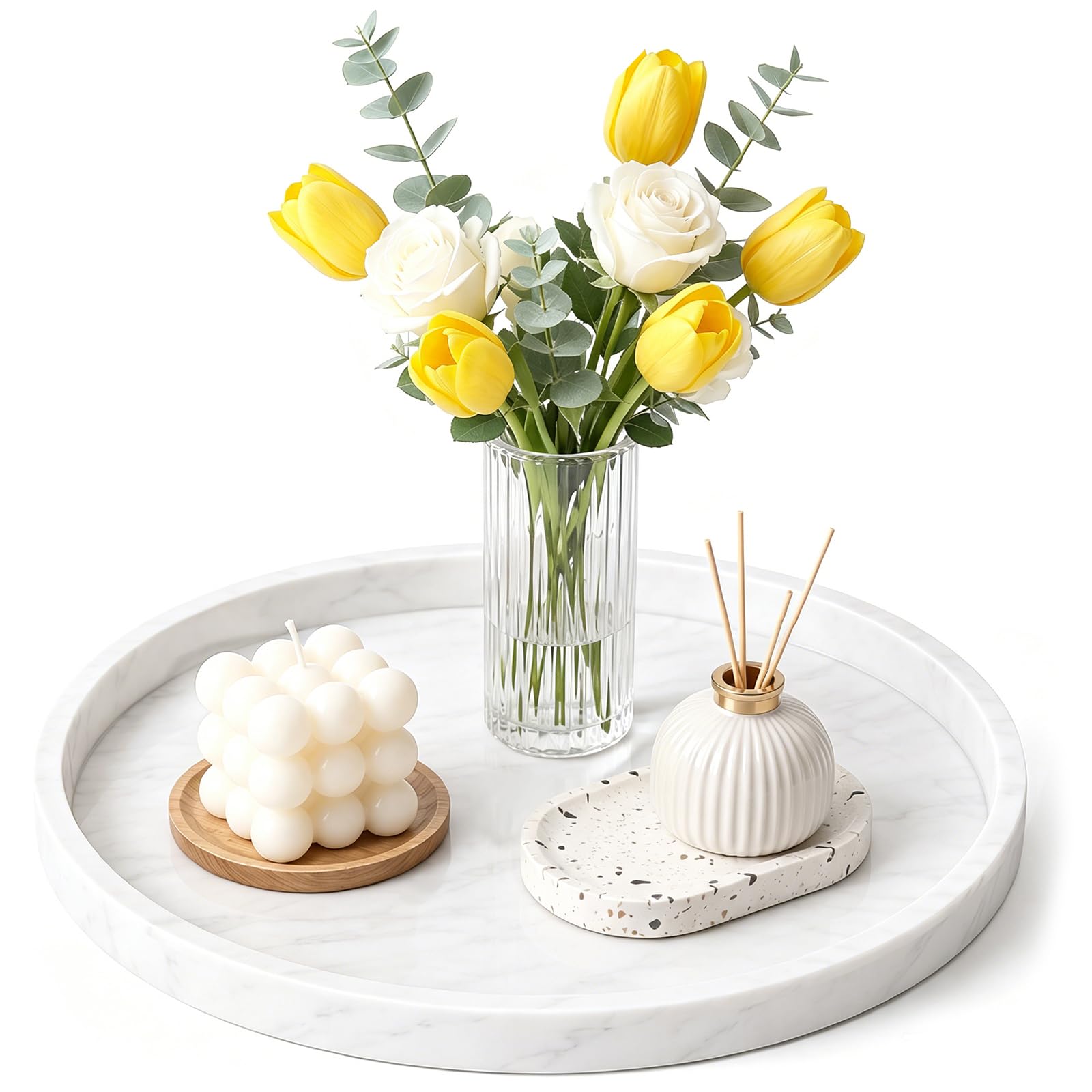 ChioSun 23cm Round White Silicone Marble Tray, Decorative Trays for Vanity