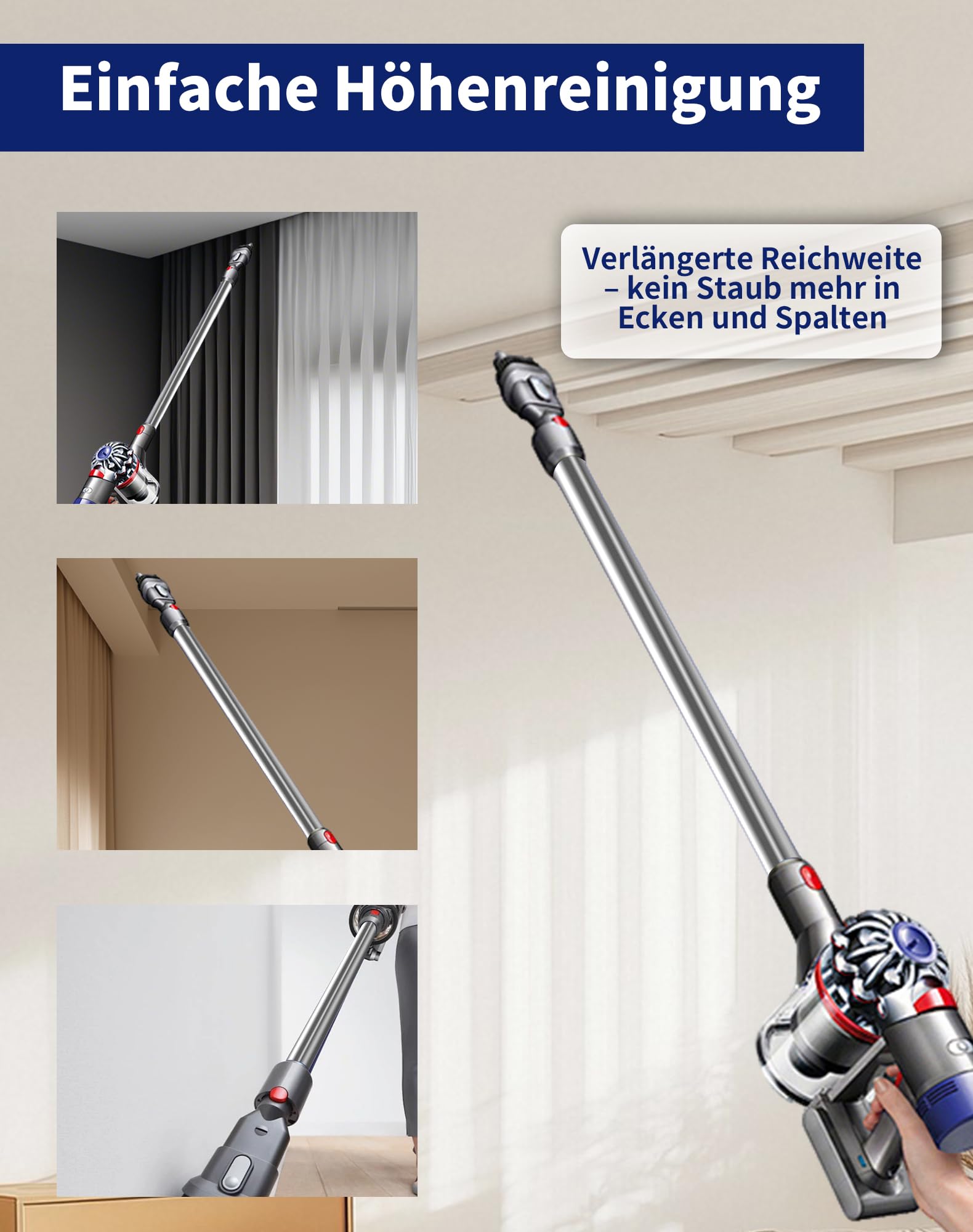 Verlängerungsrohr für Dyson V12 Detect Slim / V10 Digital Slim Stabstaubsauger, 74 cm Aluminium Teleskoprohr mit Schnellspanner, Ersatz Saugrohr 971518-12 (Anthrazit)