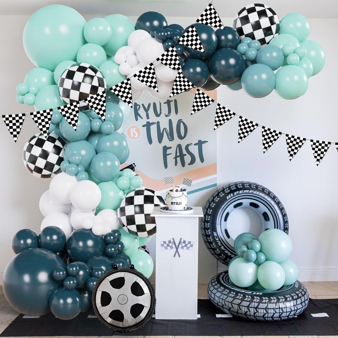 BlissBash Race Car Balloon Arch Garland Kit 152Pcs Dusty/Peacock/Teal Blue and White Balloons with Wheel Checkered Foil Balloons and Checkered Flag