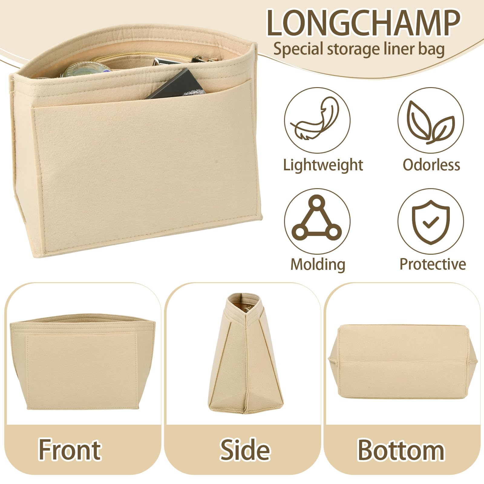 Organisateur De Sac En Feutre Pour Mini Longchamp - 19x9x5.5cm - Beige - Avec Et Sans Fermeture - Léger 30g