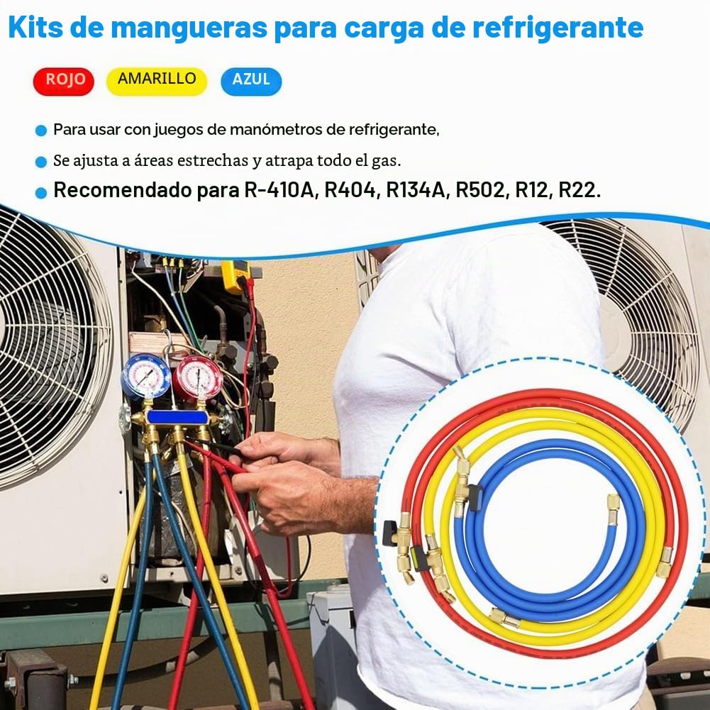 Mangueras de Carga de Refrigerante A/C de 1,6 M con Válvulas de Bola HVAC 1/4 Pulgada SAE Aptas para la Adición de Refrigerante R134A R12 y Aire Acondicionado