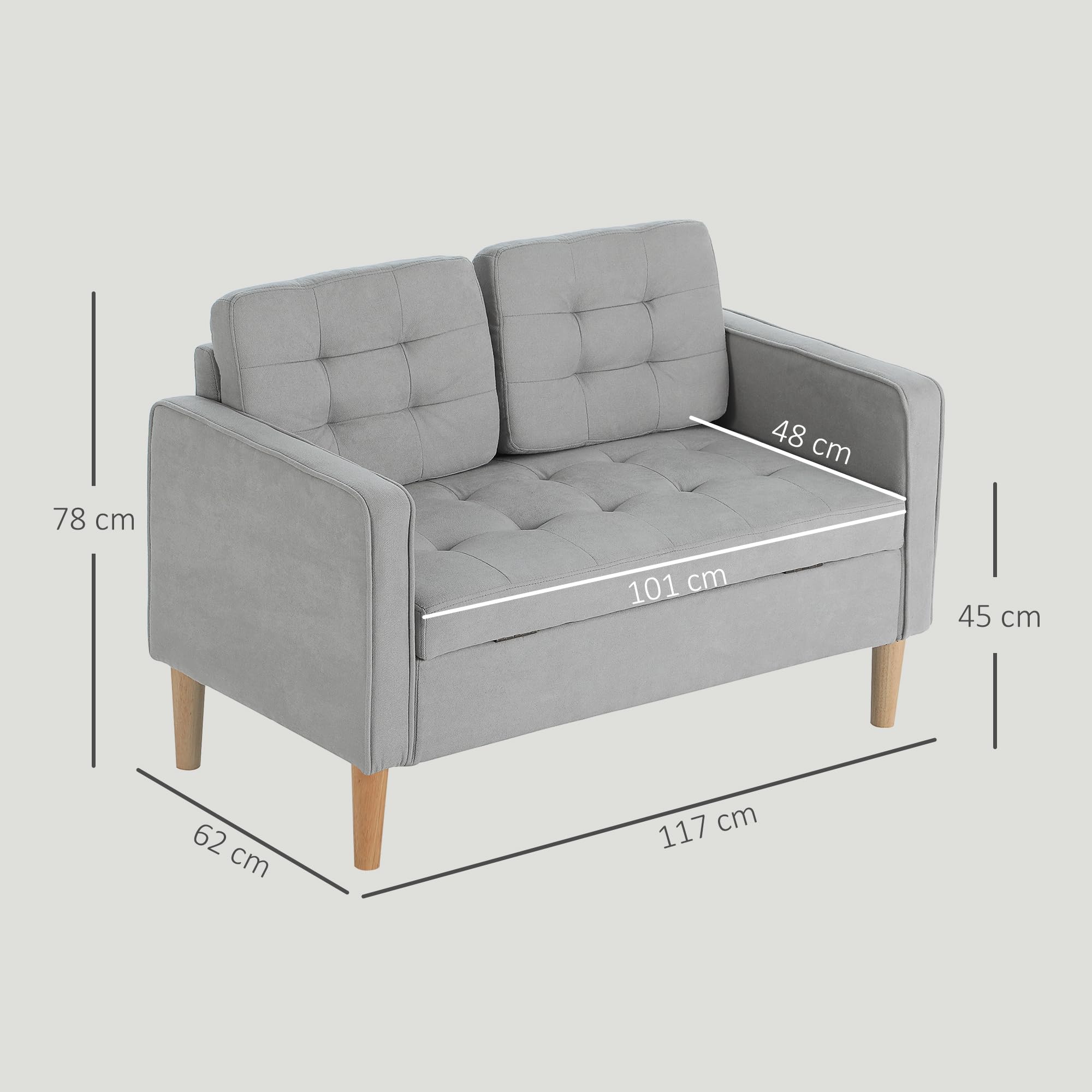 HOMCOM Sofá de 2 Plazas con Espacio de Almacenamiento, Sofá Moderno de Terciopelo con Patas de Madera, Respaldo Capitoné, para Salón, Dormitorio, Oficina, 117x62x78 cm, Gris Claro