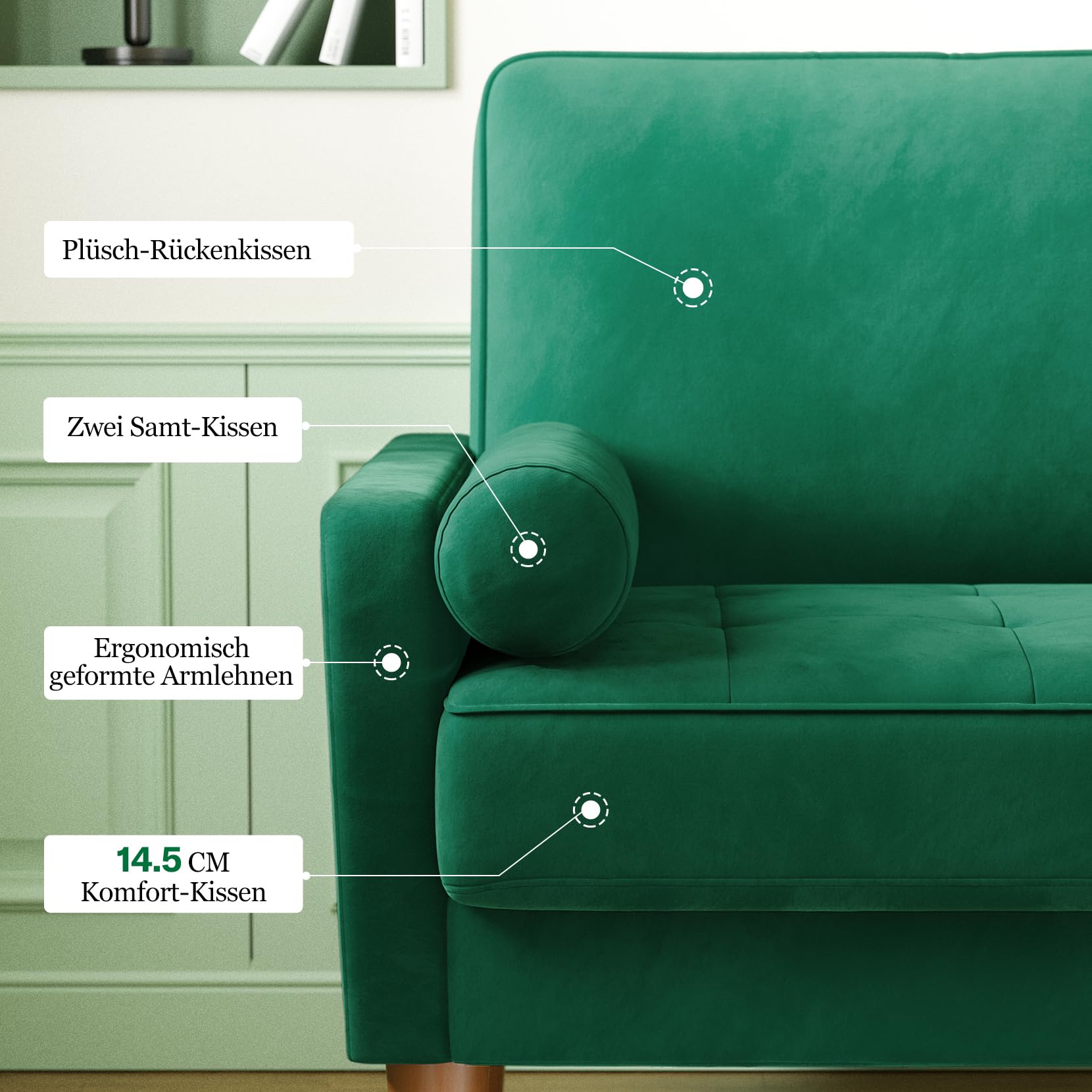 Vesgantti Couch 2 Sitzer, Samt Kleines Sofa mit 2 Wurfkissen, Modern Mini Sofa, Getuftetes Kleine Couch für Wohnzimmer/Schlafzimmer/Büro/Wohnung, 121x 77 x 87cm, Grün