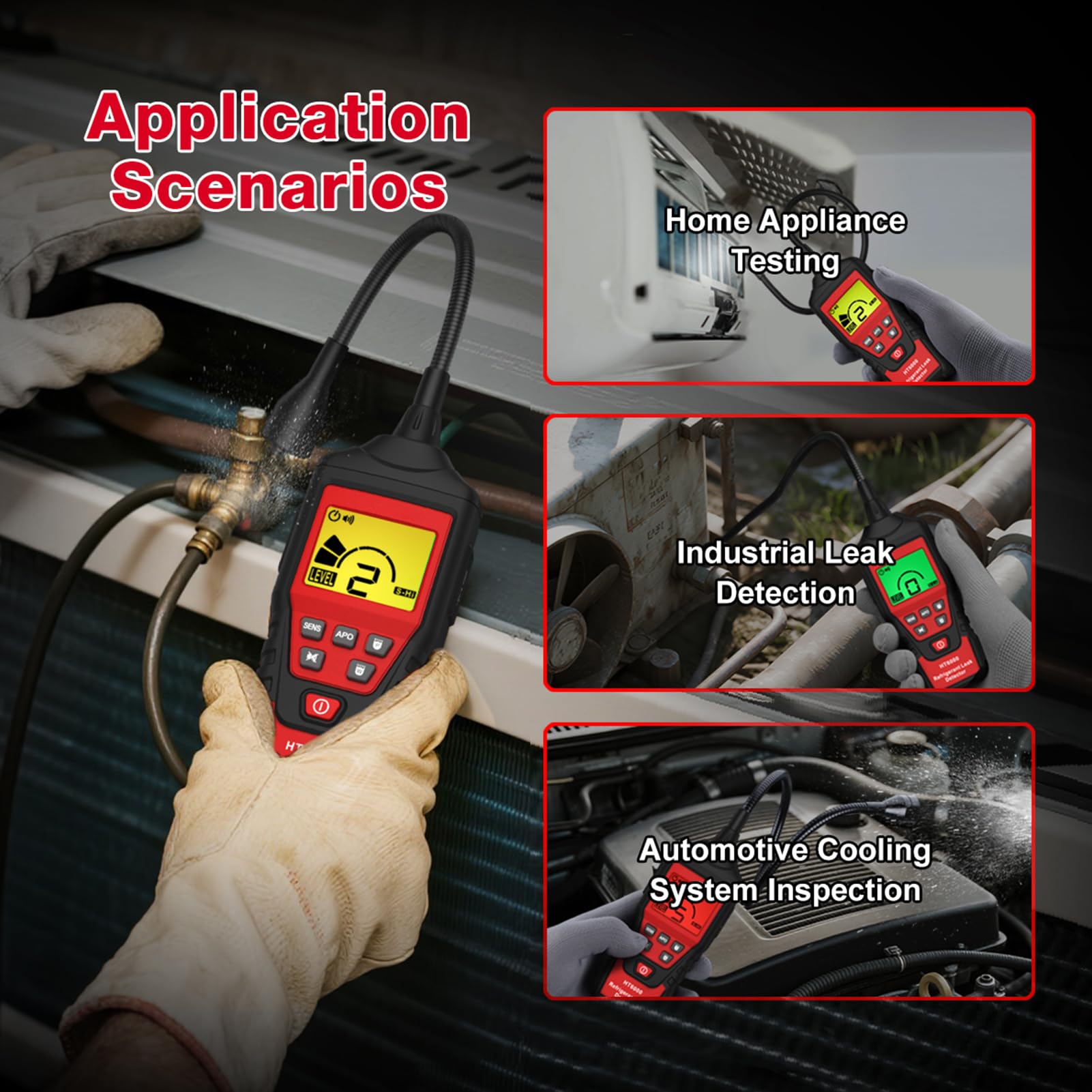 Eujgoov HABOTEST HT6000 Detector de Fugas de Refrigerante, Detector de Gas Halógeno, Probador de Fugas de Freón HVAC Portátil de Alta Sensibilidad con Alarma Visible, Sonda Ajustable (Versión de