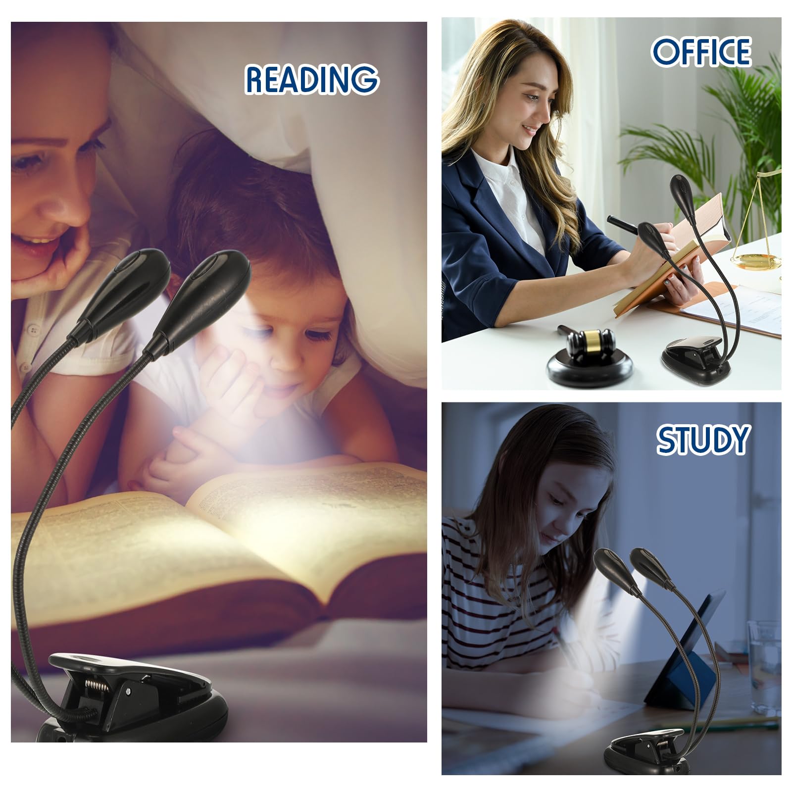 Kit 12 Luminárias De Leitura LED Recarregáveis - Clip Com 3 Níveis De Brilho - Para Cama E Mesa