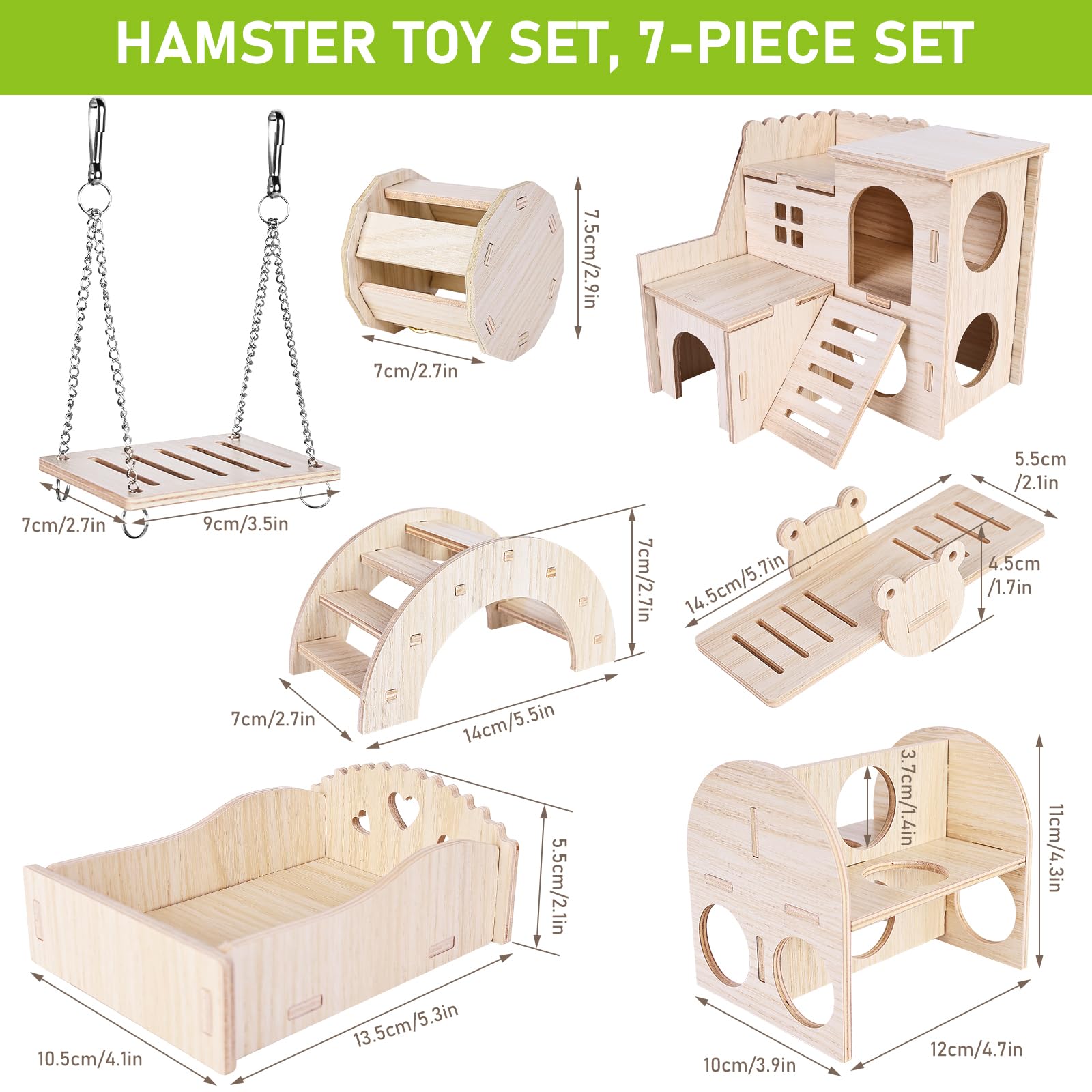 Juguetes Hamster Madera, Juguetes para Masticar Hámster, 7 Piezas Juguetes para Hámster Columpio, Balancín, Casa, Accesorios De Juguete para Los Conejos, La Chinchilla, Hámsters, Cobayas