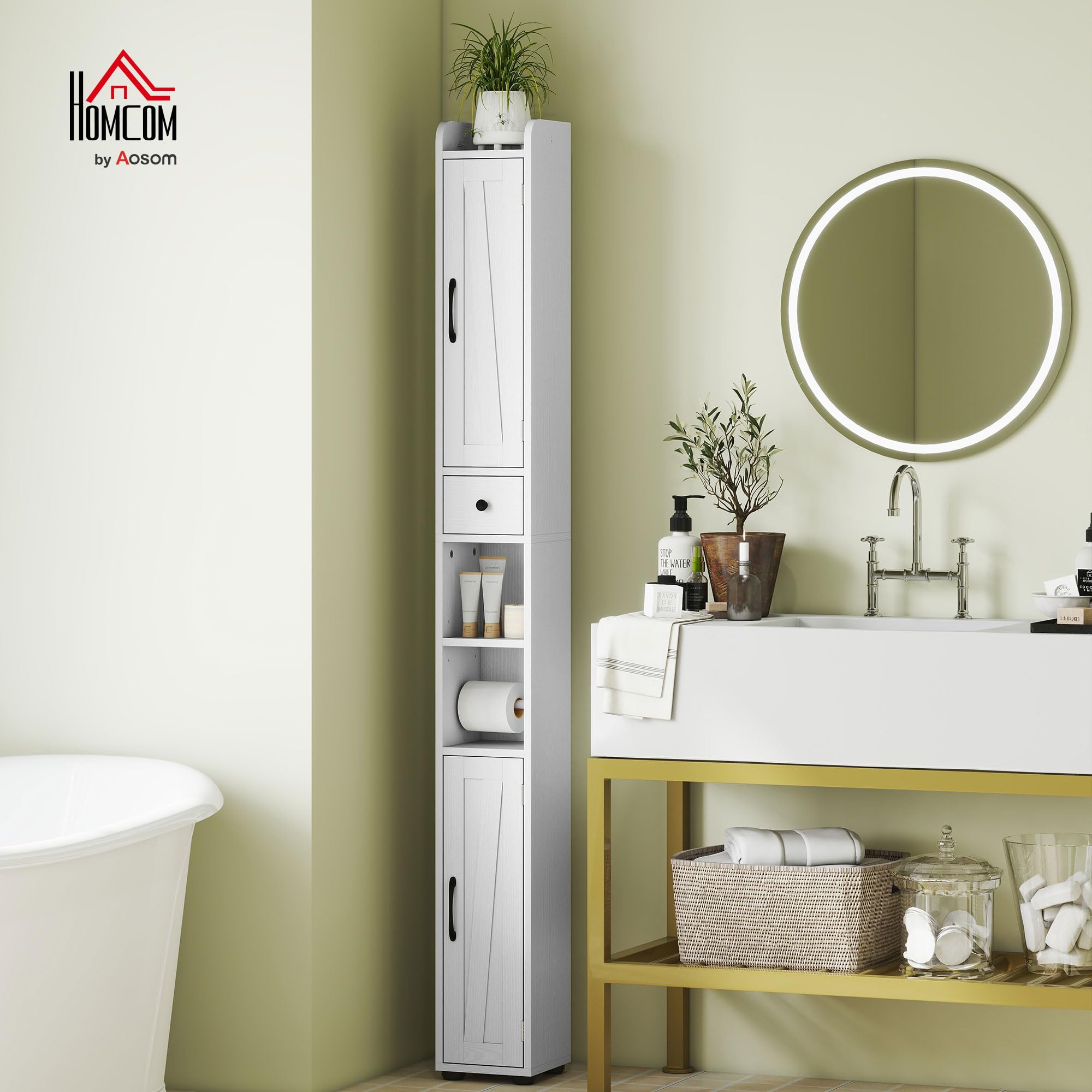 HOMCOM Columna de Baño Estrecha con 2 Puertas Armario Alto de Baño Rústico con Cajón Compartimento Abierto Estantes Ajustables y Portarrollos 20x20x185 cm Blanco