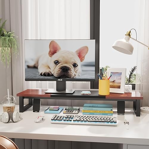 Miniatura 4 de YAOHUOO Soporte elevador de monitor doble, 39 pulgadas de gran tamaño para 2 monitores, soporte de monitor de computadora, estante de madera para