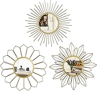 HOGARDECK 3-Pack 11" Gold Metal Sunburst Flower Wall Mirrors - Boho Decor for Living Room, Bedroom, Bathroom