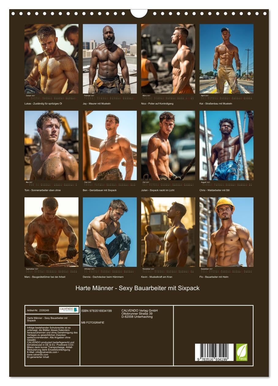 CALVENDO - Harte Männer - Sexy Bauarbeiter mit Sixpack (Wandkalender 2027 DIN A3 hoch), Monatskalender: Erotischer Männerkalender mit sexy Bauarbeitern. Nackt, muskulös und verschwitzt. Harte Körper,
