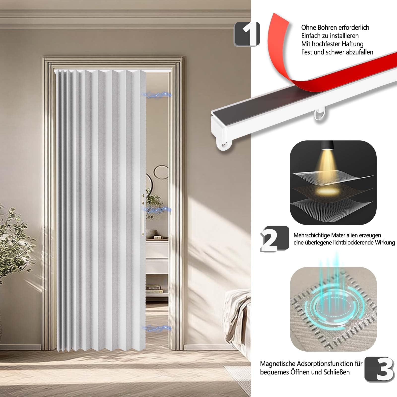 Jilron 100% Blickdichter Türvorhang – Faltbarer Akordion-Stil mit Magnetverschluss, Klebemontage ohne Bohren, inkl. Klebeschiene, Verdunkelung & Windschutz,Weiß, H201 x B106 cm