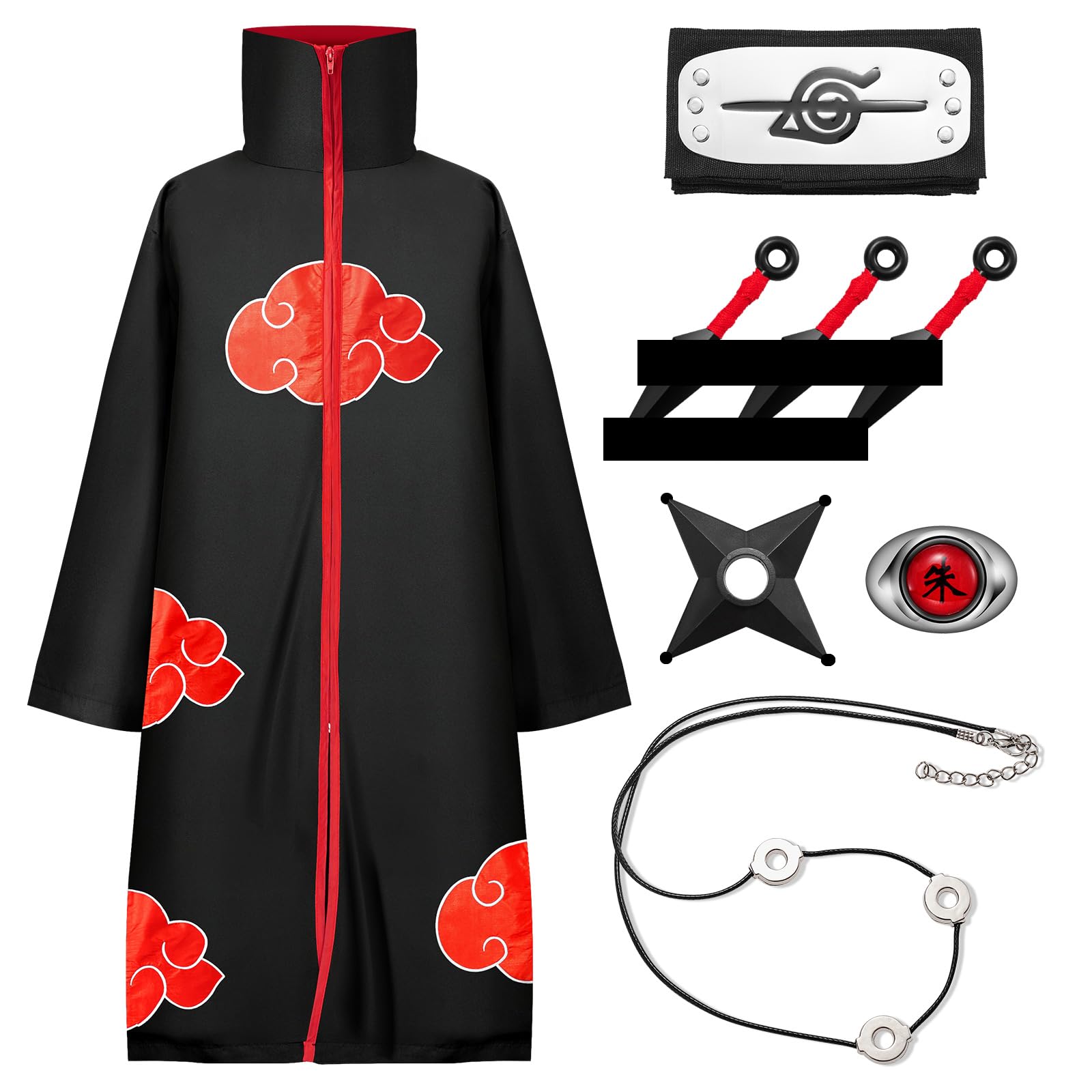 Kitimi Akatsuki Cloak Itachi Anime Cosplay Costume for Kids, 8 Pcs Fancy Dress Costumes with Headband Ring Necklace, Akatsuki Robe Black Cloak for Adults, Anime Fans, Birthday Gift for Kids