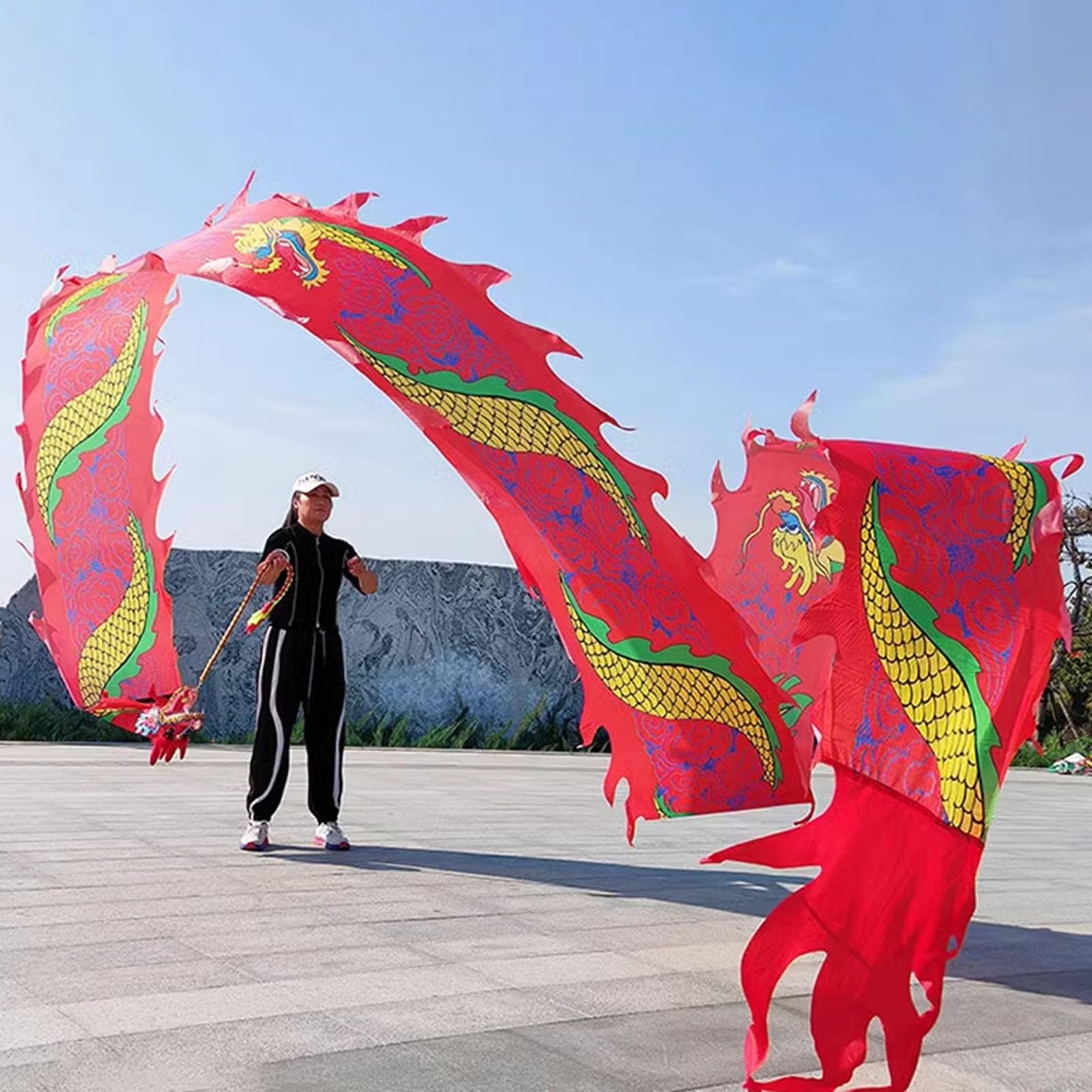JAYWIS Dragon Poi Outdoor Exercise Dance Dragon Poi, Silk-like Dragon Ribbon Streamer with Dragon Head ＆Travel Bag, Dragon Flinging Ribbo for Fitness/Juggling (Color : Red, Size : 6 m (20 ft))