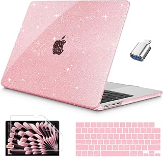 Mektron Case for MacBook Air 15 INCH 2023 M2 Chip A2941 Case with 15.3" Liquid Retina Display & Touch ID Cover, Plastic Hard Shell with Screen Protector + Keyboard Cover + OTG Adapter,Glitter Pink