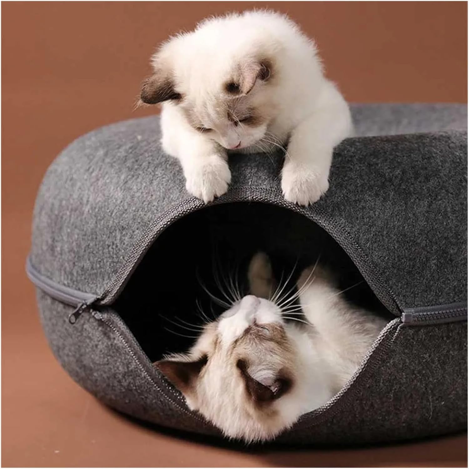 cat House. Donut Cat Tunnel Bed Pets House Natural Felt Pet Cat Cave Toys Round Wool Felt Pet Bed Small Dogs Cat Interactive Play Toys(Grey)