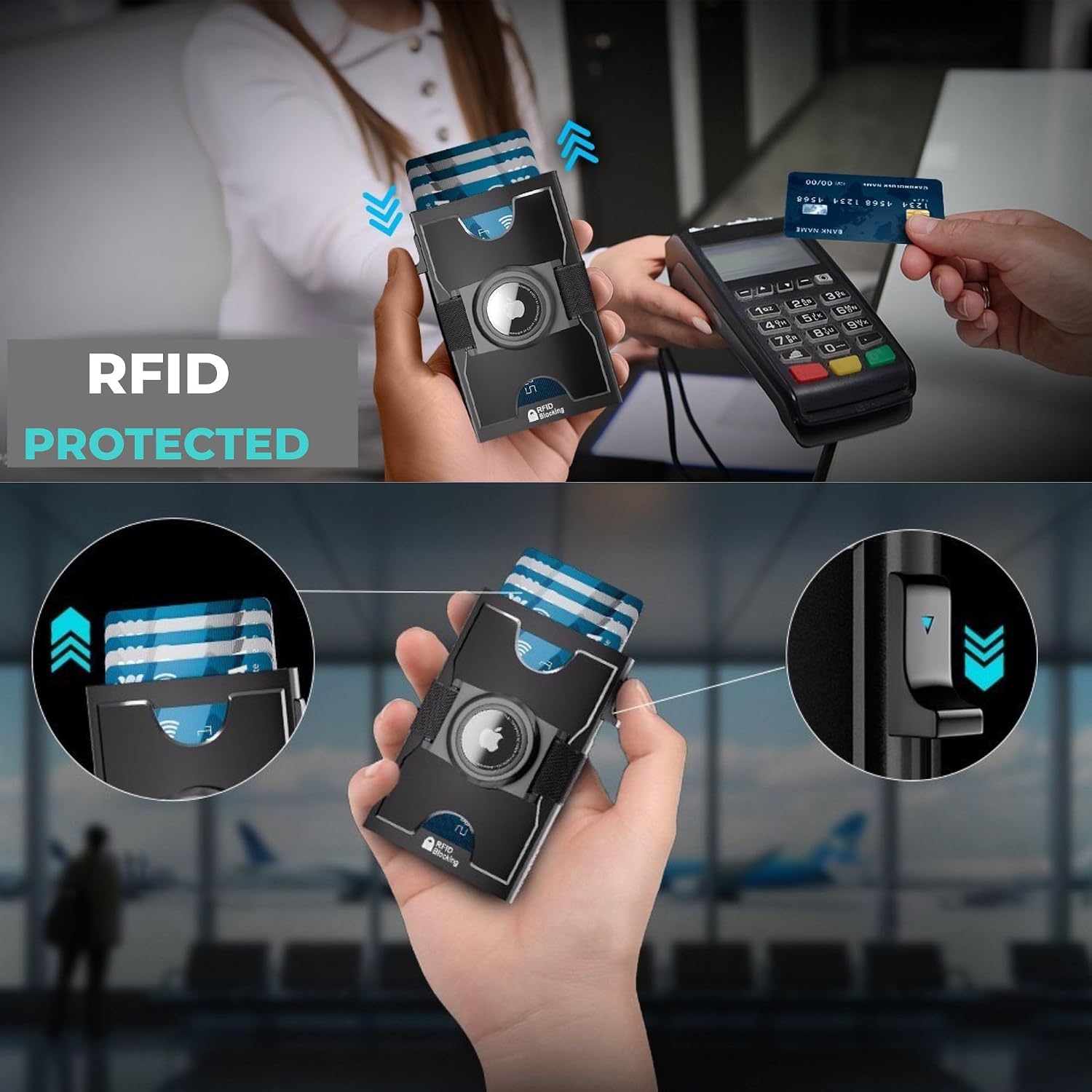 AirTag Wallet Men-Card Holder Wallet with RFID Blocking- Minimalist Everyday Carry Aluminium Wallet with Expandable Backplate - Holds 10 Cards plus Cash (Black)