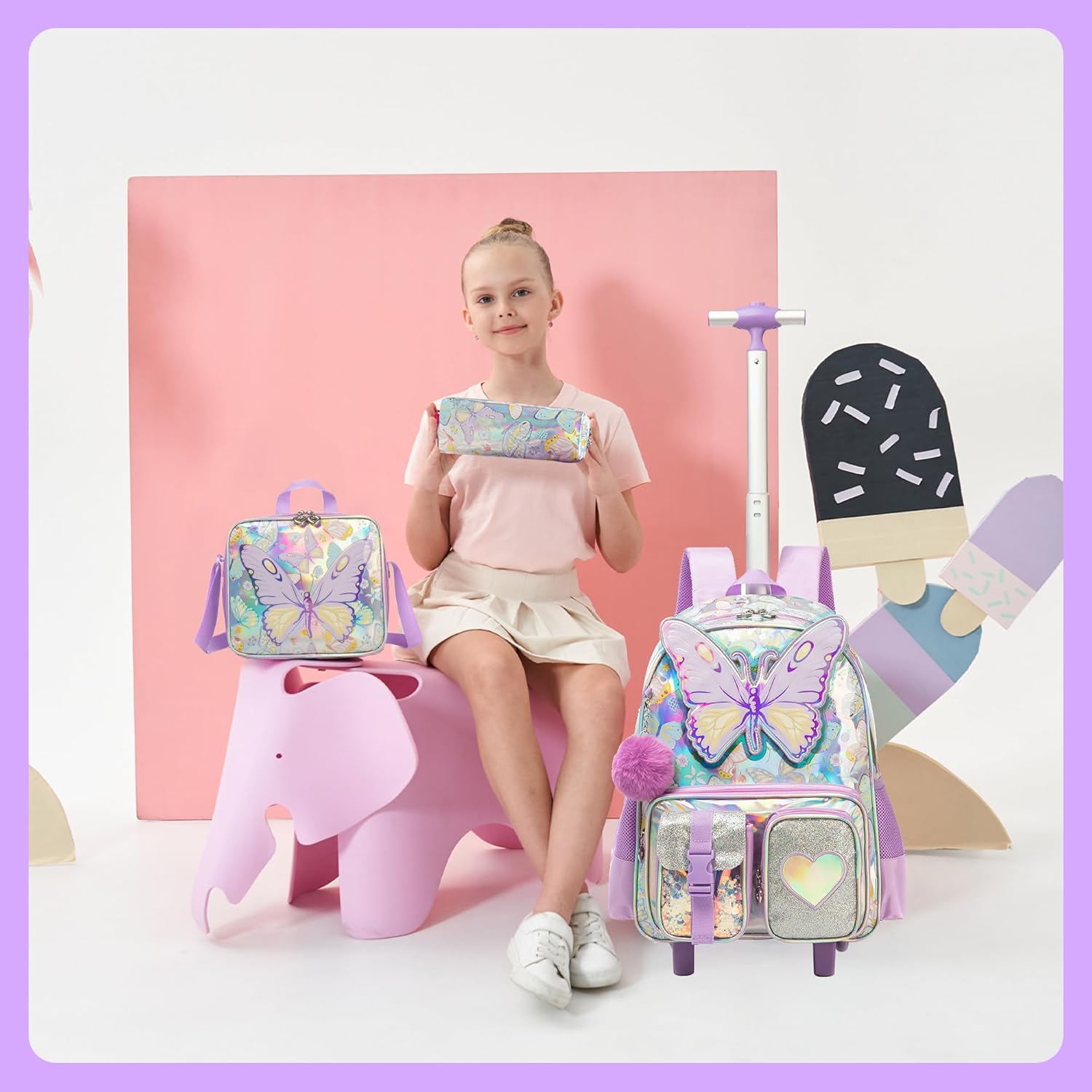 Kids Rolling Backpack with Wheel,School Backpack for Kids Girl Roller Schoolbag Wheeled Backpacks Set Carry-on Luggage,Purple