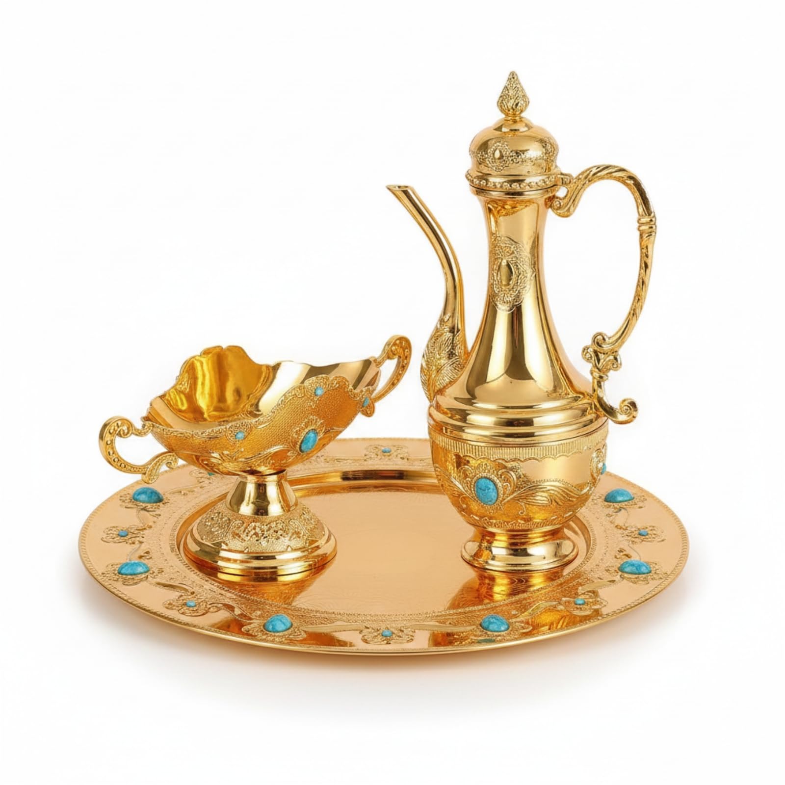 Jarra Tapada Centro Espejado Set Ornamental Estilo Tradicional Bandeja Redonda para Servir Bebidas, Dorado