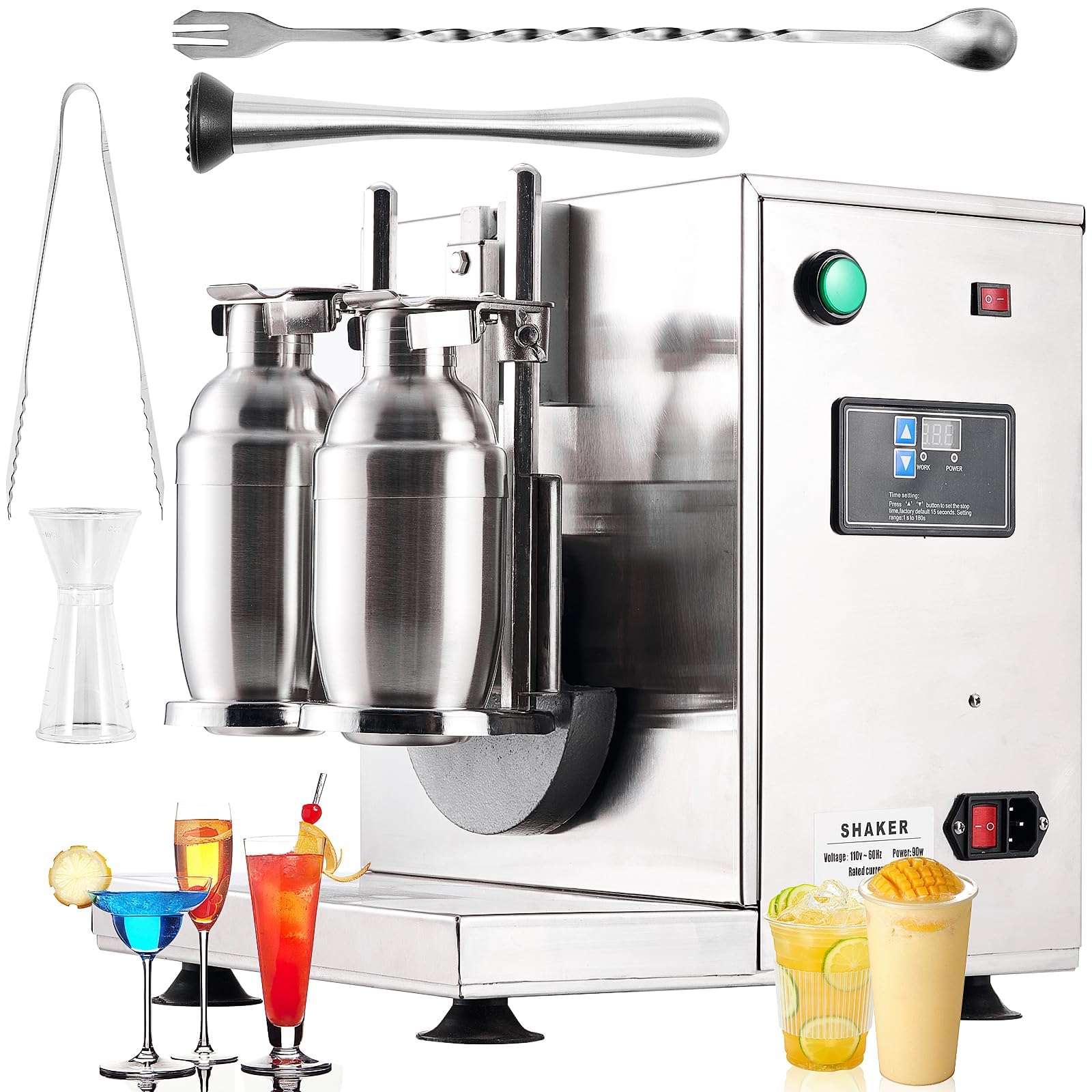 Automatic Cocktail Shaking Machine, 400r/Min Electric Double Frame Mixer With 2×750ML Stainless Steel Cups for Bubble Tea, Boba, Juice, Coffee, Milk & Cocktails, Silver