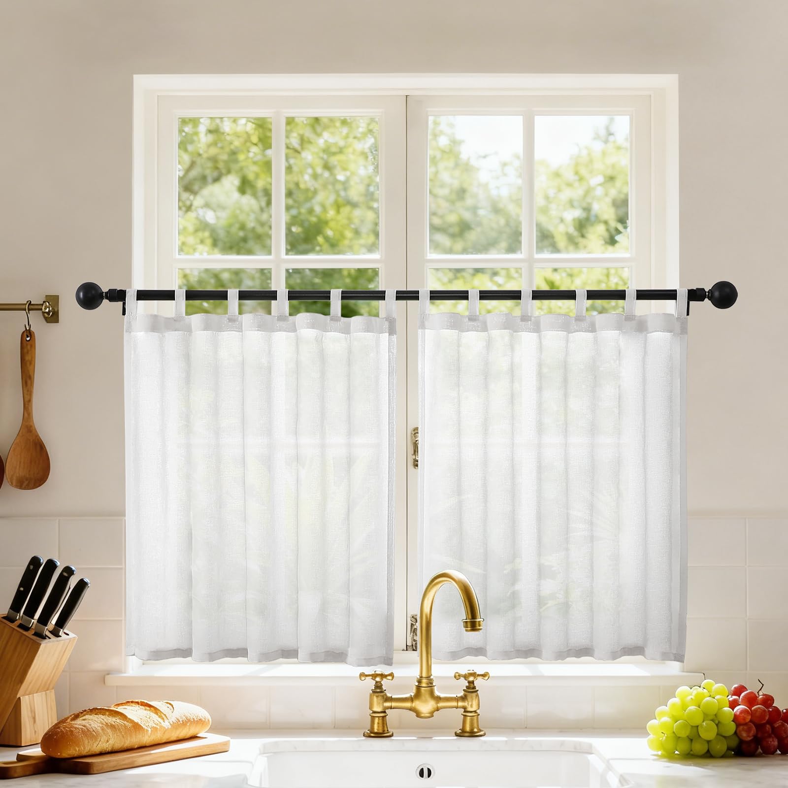 Joydeco Scheibengardinen Modern Leinenoptik Küchen Gardinen Vorhänge mit Schlaufen Voile Vorhang 2er Set H 30 x B 120 cm Transparente Küchengardinen Gardine Kurz für Wohnzimmer Wohnmobil Landhausstil