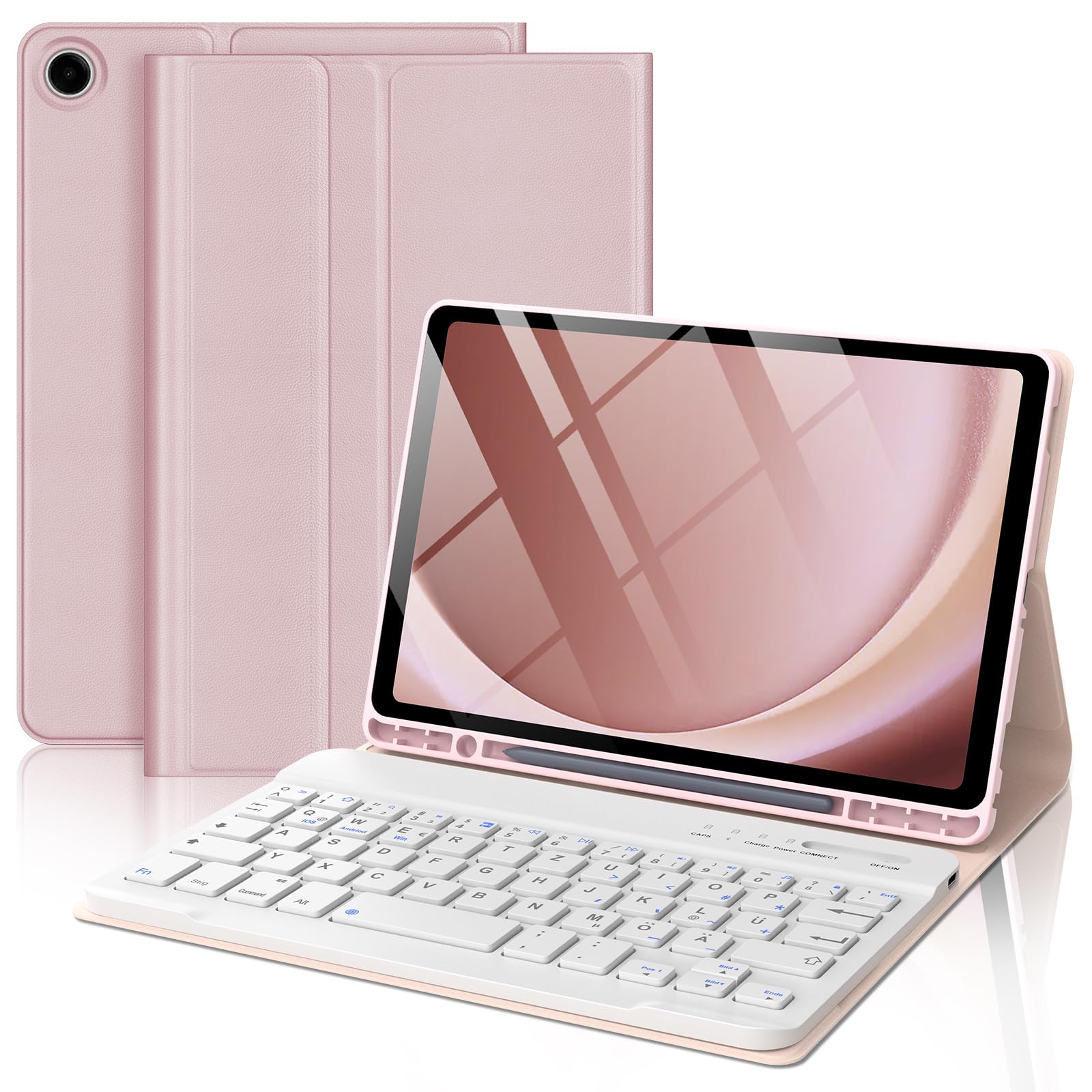 FOGARISamsung Tablet A9 Keyboard, Galaxy Tab A9 8.7 Inch Case with Keyboard - [QWERTZ German] Keyboard, Magnetic Wireless Bluetooth, Removable for Samsung Galaxy Tab A9 2023 8.7 Inches, Pink