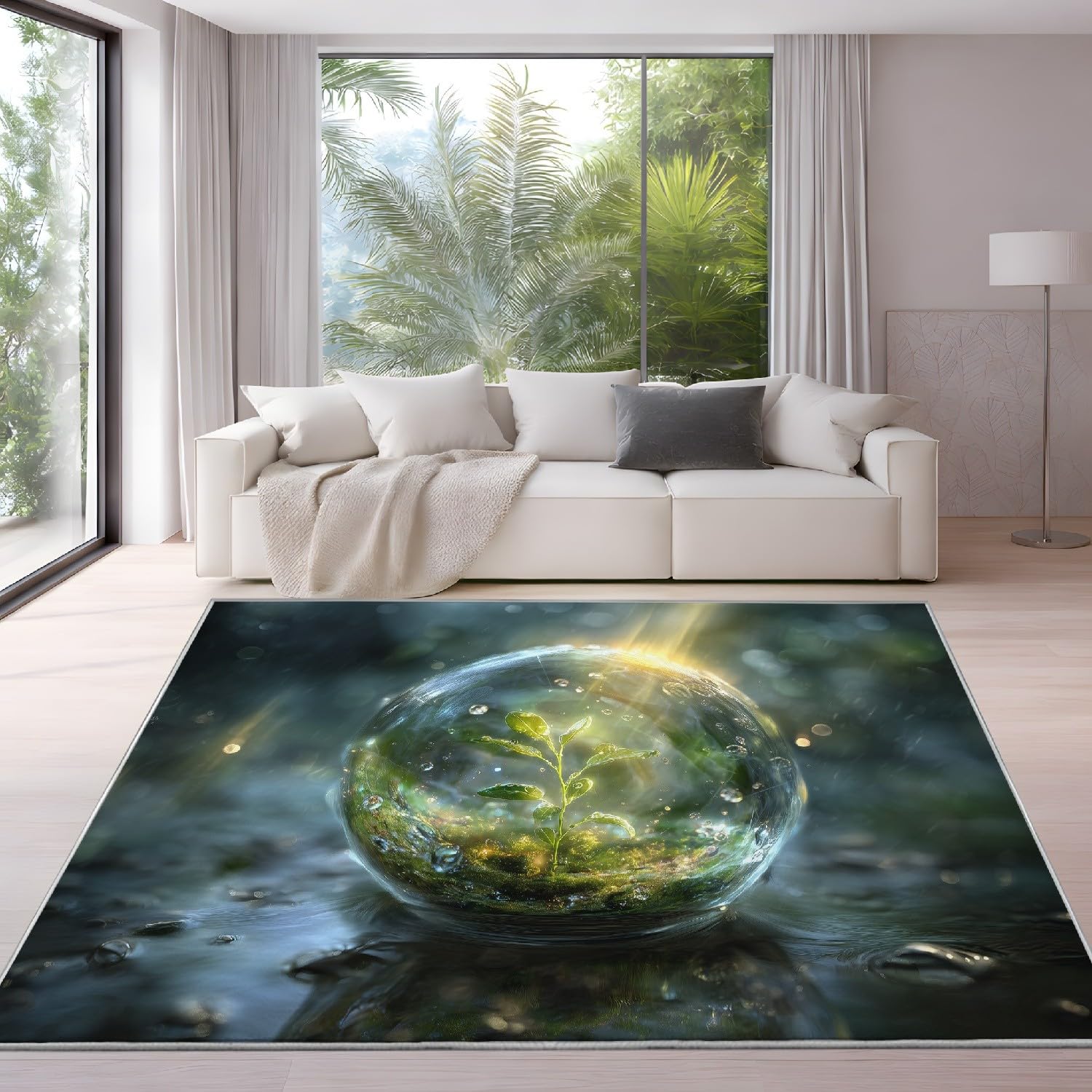 Ogólny wykwintny kwadratowy dywan flanelowy 90 x 120 cm – nadaje się do prania i antypoślizgowy, fantazyjny, z motywem roślin, szklanych kulek, do sypialni, biura lub jadalni, zielony