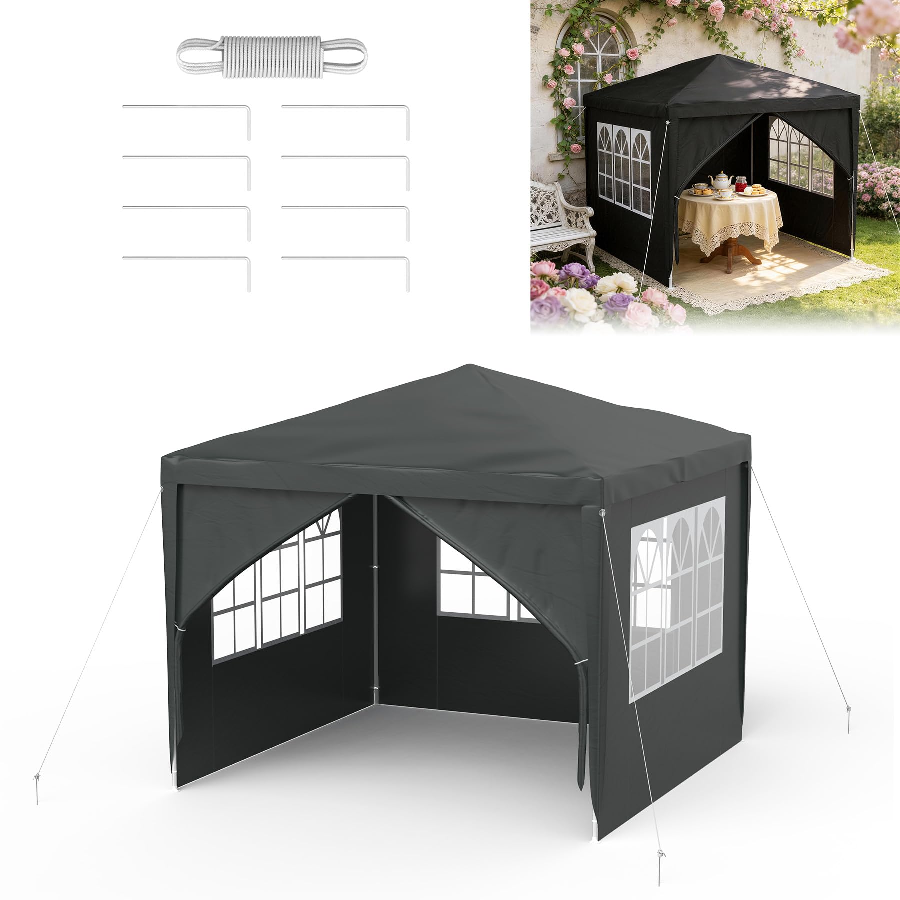 ACXIN Tonnelle de jardin, 3 x 3 m, avec 4 panneaux latéraux, imperméable, structure robuste en acier, protection solaire et résistante aux intempéries, tissu Oxford, tonnelle de jardin ou tonnelle