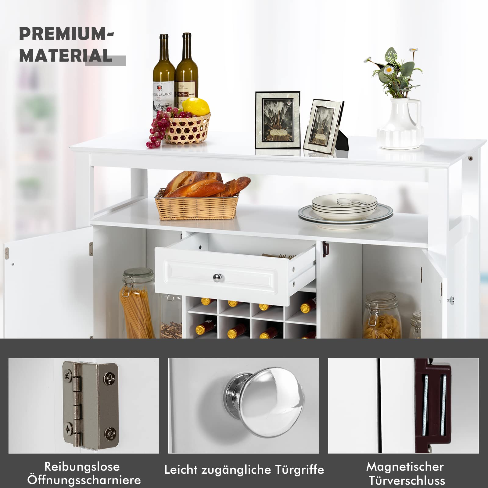 GOPLUS Sideboard mit Weinregal, Küchenschrank mit Offenem Regal, 1 Schublade & 2 Türen, Beistellschrank für Wohnzimmer, Küche & Esszimmer, 117 × 40,5 × 85,5 cm (White)