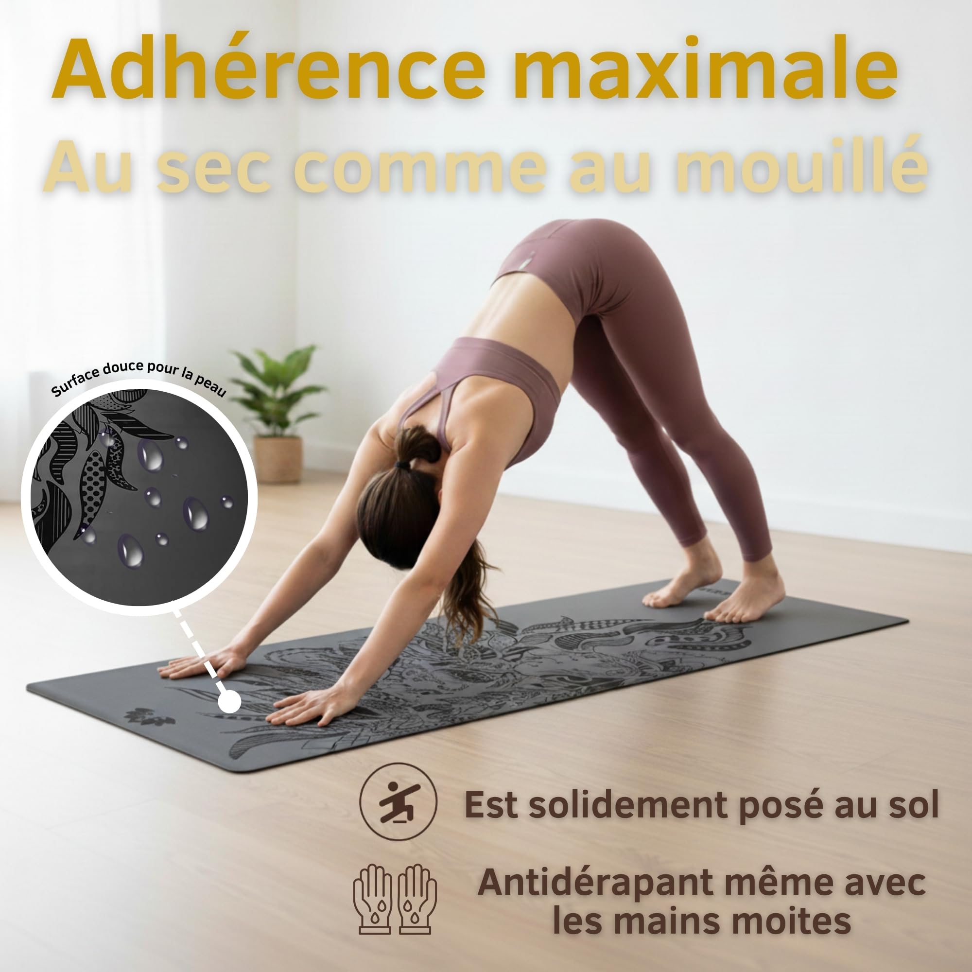Yosana tapis de yoga en caoutchouc naturel | extrêmement antidérapant | surface ULTRA GRIP en ECO PU | extra large 68cm | tapis de yoga 183x68cm | 4mm d'épaisseur