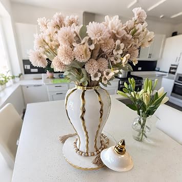18" Large Ginger Jars for Home Decor,White and Gold Ginger Jars,Handmade Ceramic Vase with Lid,Chinoiserie Centerpiece Jar for Home,Wedding,Party Decor,Fireplace Decoratio