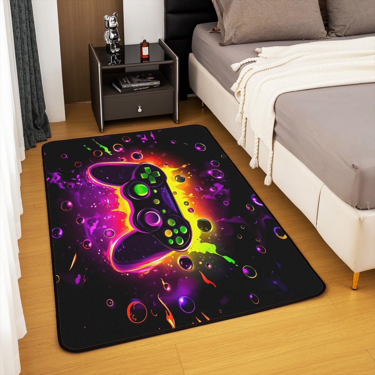 Loussiesd Dywan do salonu dla graczy, 150 x 200 cm, gamingowy dywan akcentujący dla chłopców, dziewcząt, nastolatków, nowoczesny kontroler konsoli do gier, mata podłogowa, joystick, czarno-fioletowa,