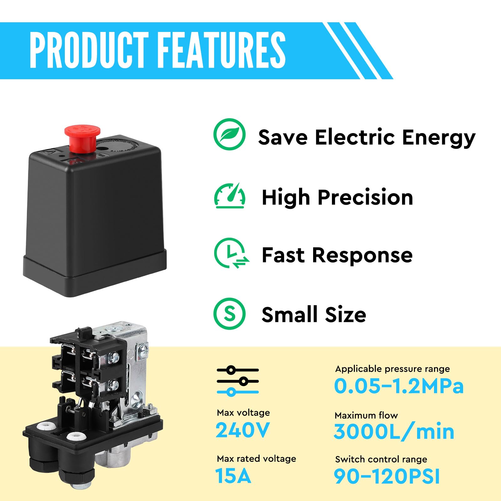 SWAWIS 240V Presostato Compresor Aire Interruptor de Presión Válvula para Compresor de Aire con Manómetro Válvula de Seguridad Acoplamientos, 90-120PSI, Rosca Exterior 1/2''(20mm)