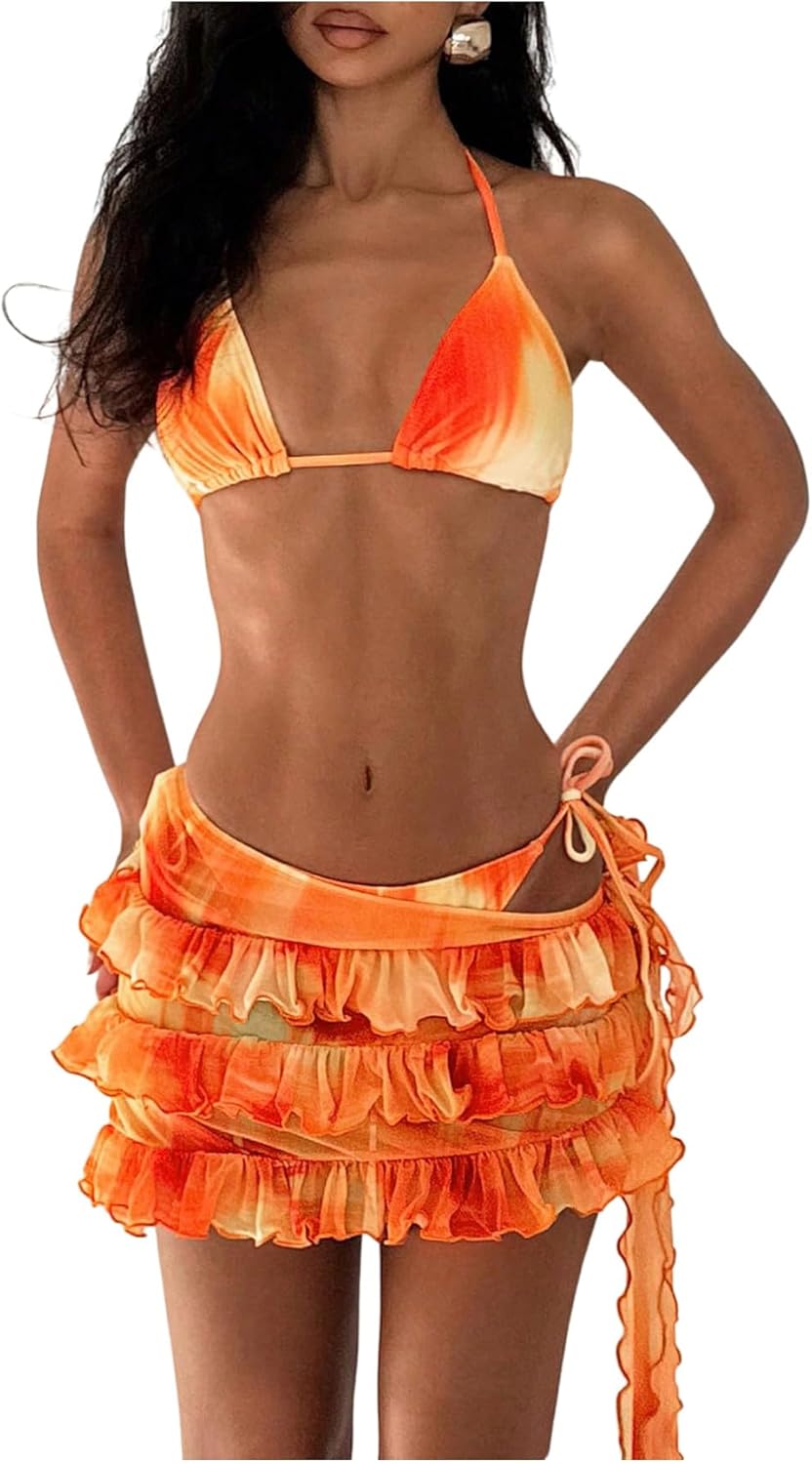 Milumia Women's 3 Piece Halter Bikini Set Tie Dye Knot Side Swimsuit with Ruffle Beach Skirt