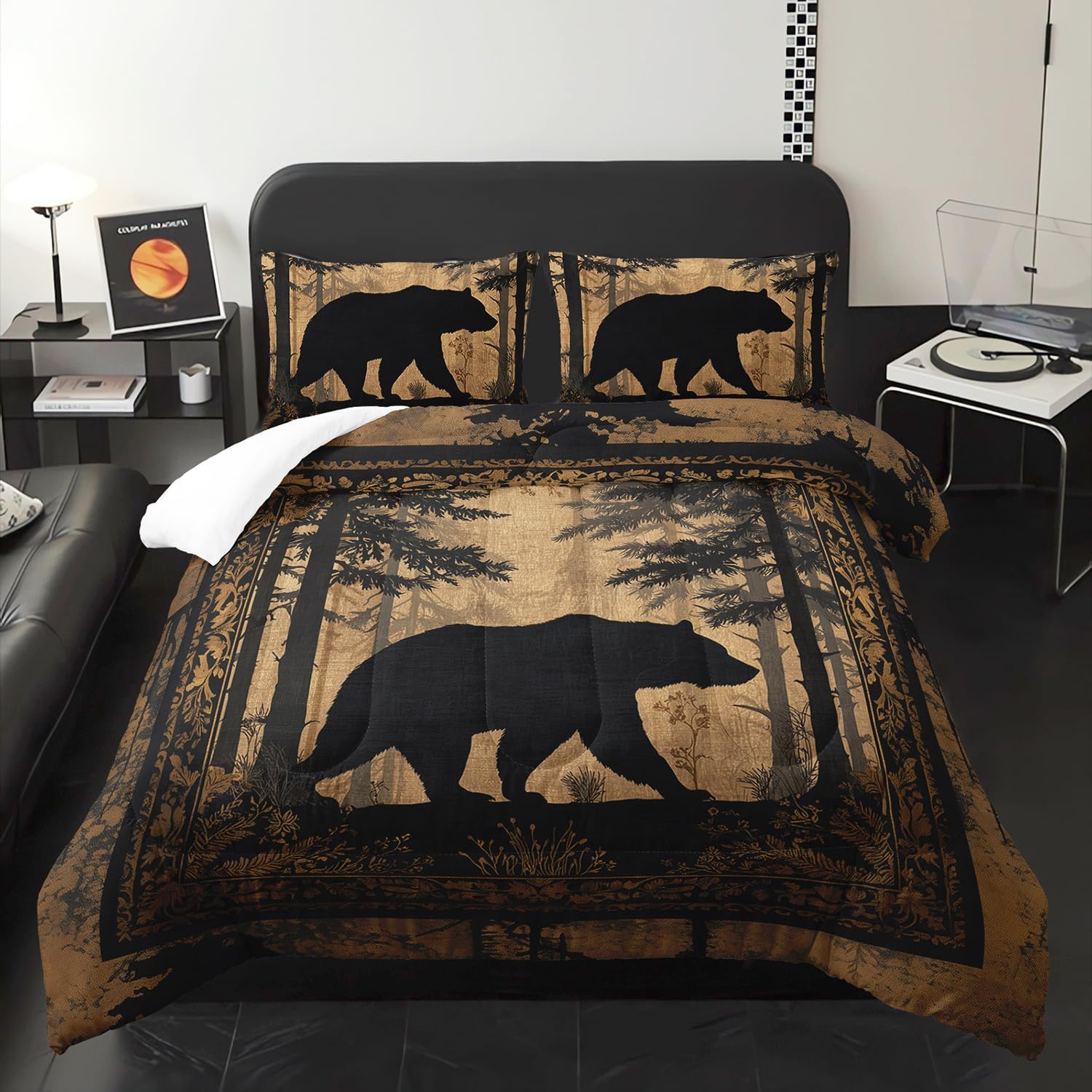 Black Bears Hunting Animal Comforter 3Pcs Queen Wildlife Bear Forest Pine Tree Bedding Set for Kid Teen Boy Girl Adult Retro Rustic Bear Plant Quilt Bed Decor with 1 Comforter & 2 Pillowcases