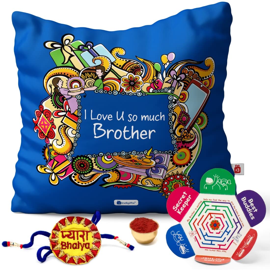 Indigifts IA Raksha bandhan Rakhi Gift Hamper Pyara Bhaiya Embroidery Rakhi for Brother & Happy Raksha bandhan Greeting Card Love you Bro Designer Blue Cushion Cover, Pyara Bhaiya Embroidery Rakhi, Roli, Greeting Card 18x18 - Gifts For Big Brother Bhai on his Birthday Rakhi bhaidooj