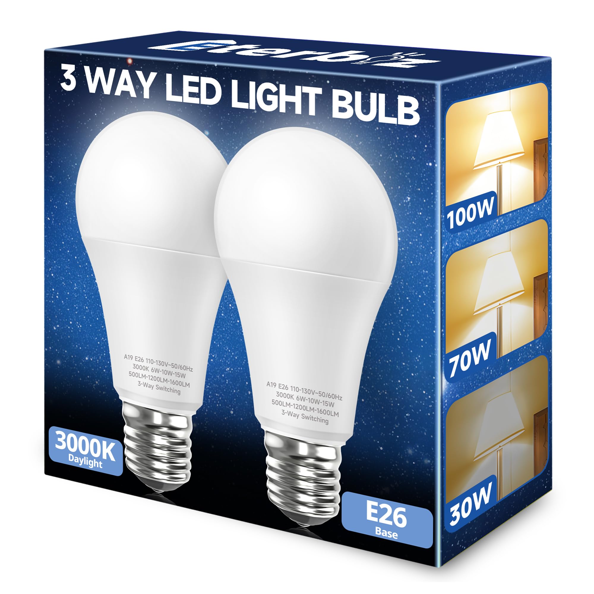 Eterbiz 3 Way LED Light Bulbs, 30 70 100W Equivalent, Warm White 3000K, Three Way Light Bulbs, A19 Energy Saving 3-Way LED Bulbs, E26 Medium Base 3 Way Bulbs for Floor Lamps, 2 Pack