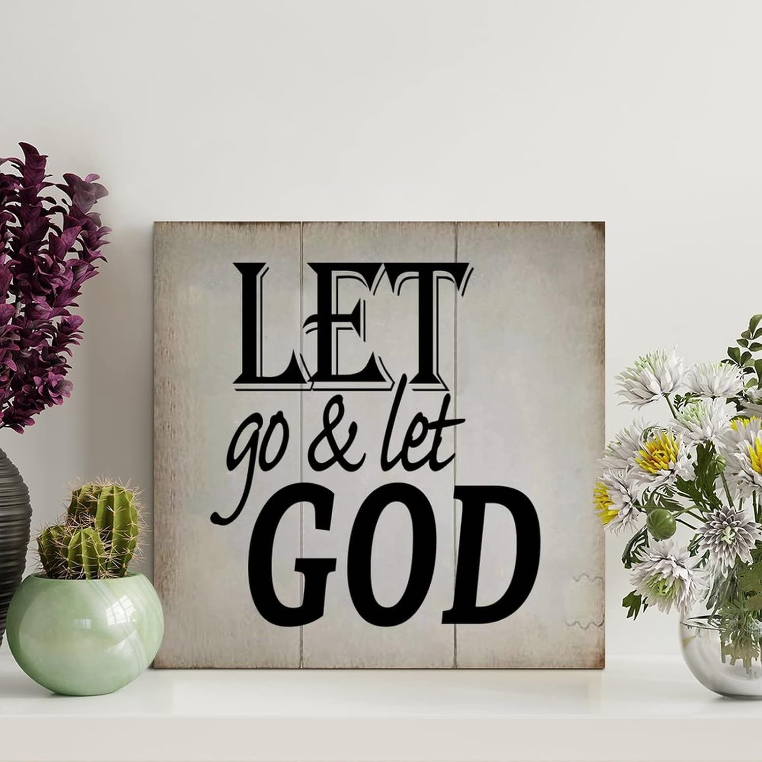 Vintage Wood Signs Let Go & Let GOD Wooden Sign Farmhouse Family Wall Art Rustic Wall Decor Wall Decor for Home Kitchen Bathroom Living Room 8x8in