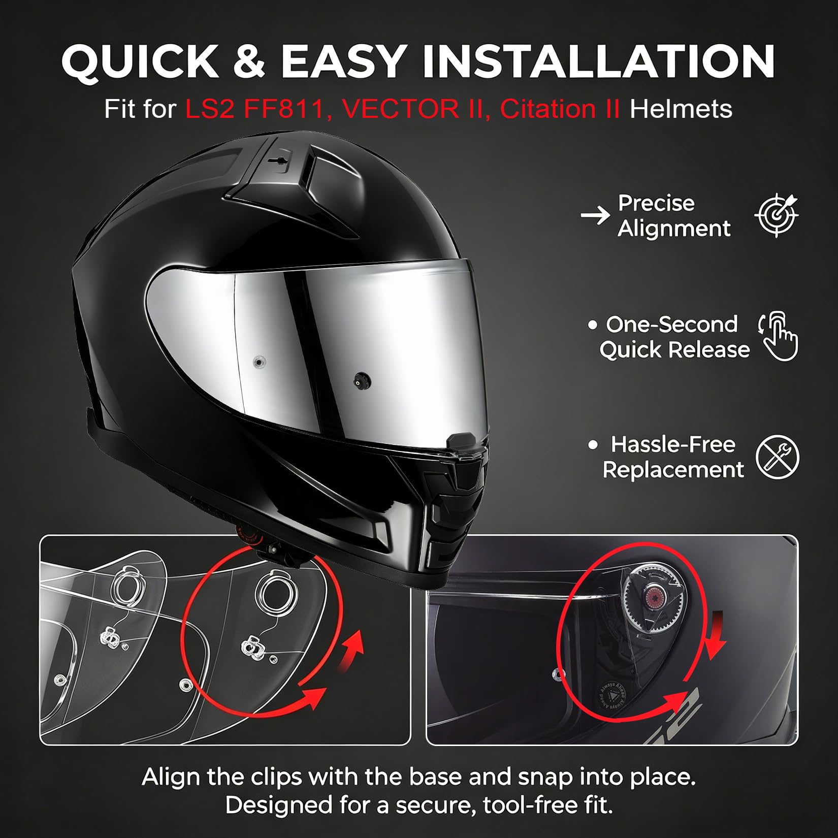 PSLER Visiera Casco Moto Ricambio Compatibile con LS2 FF811 VECTOR II, Citation II, Visiera Protettiva Anti-Graffio e UV, Pinlock Ready(Argento)