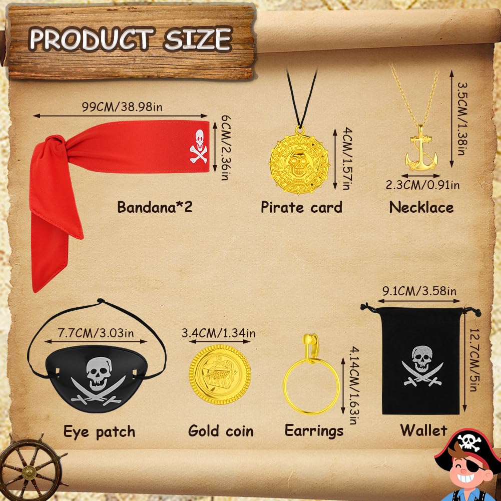 AOOWU 8 Pcs Pirate Costume Accessory Set, Pirate Role Play Outfit With Headscarf, Eyepatch, Earring, Necklace, Gold Coins - Image 2