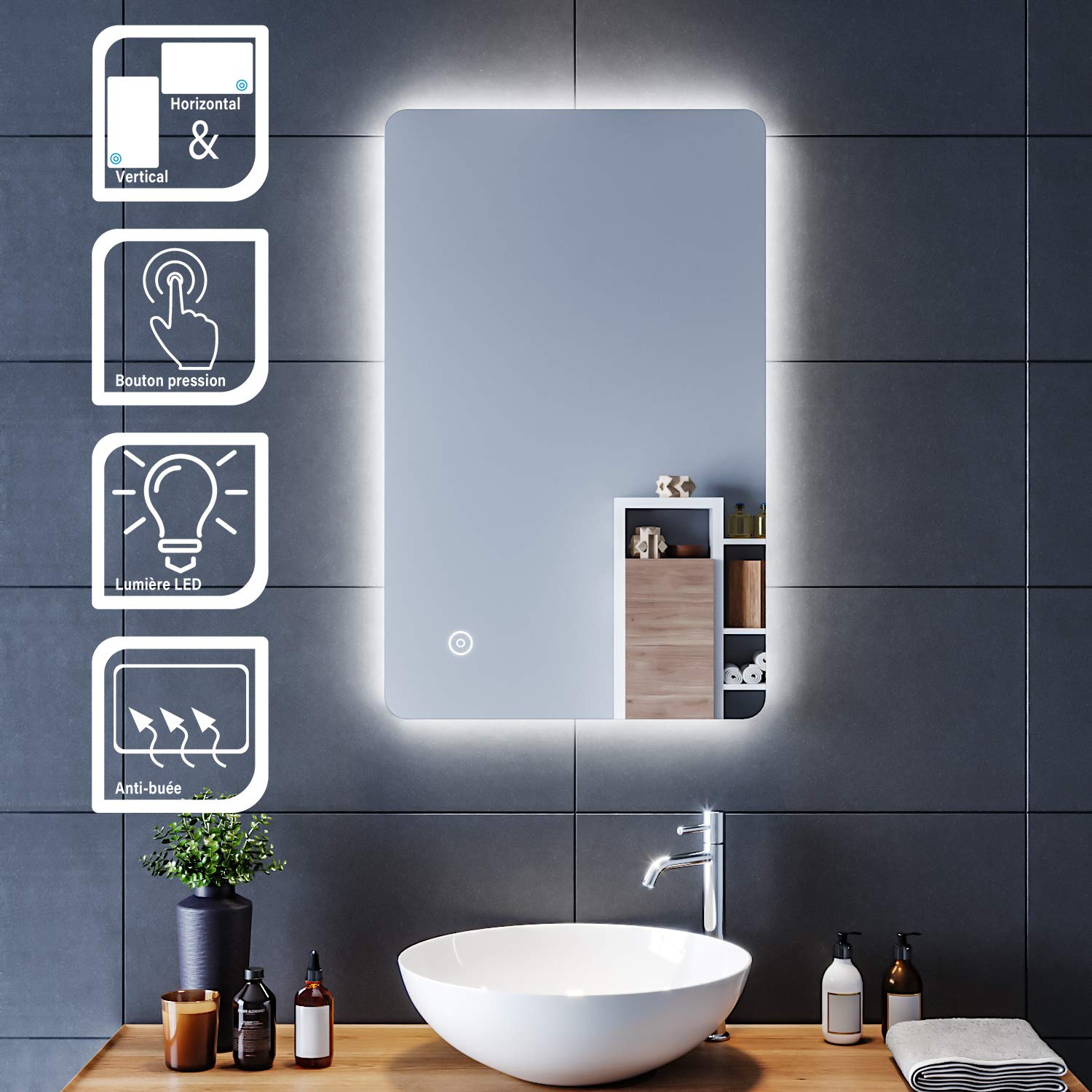 Espejo Baño 80 x 50cm con Luz LED Espejo de Baño Led Antivaho Espejo de Pared con Interruptor Antiniebla Táctil,para Baño Dormitorio Maquillaje