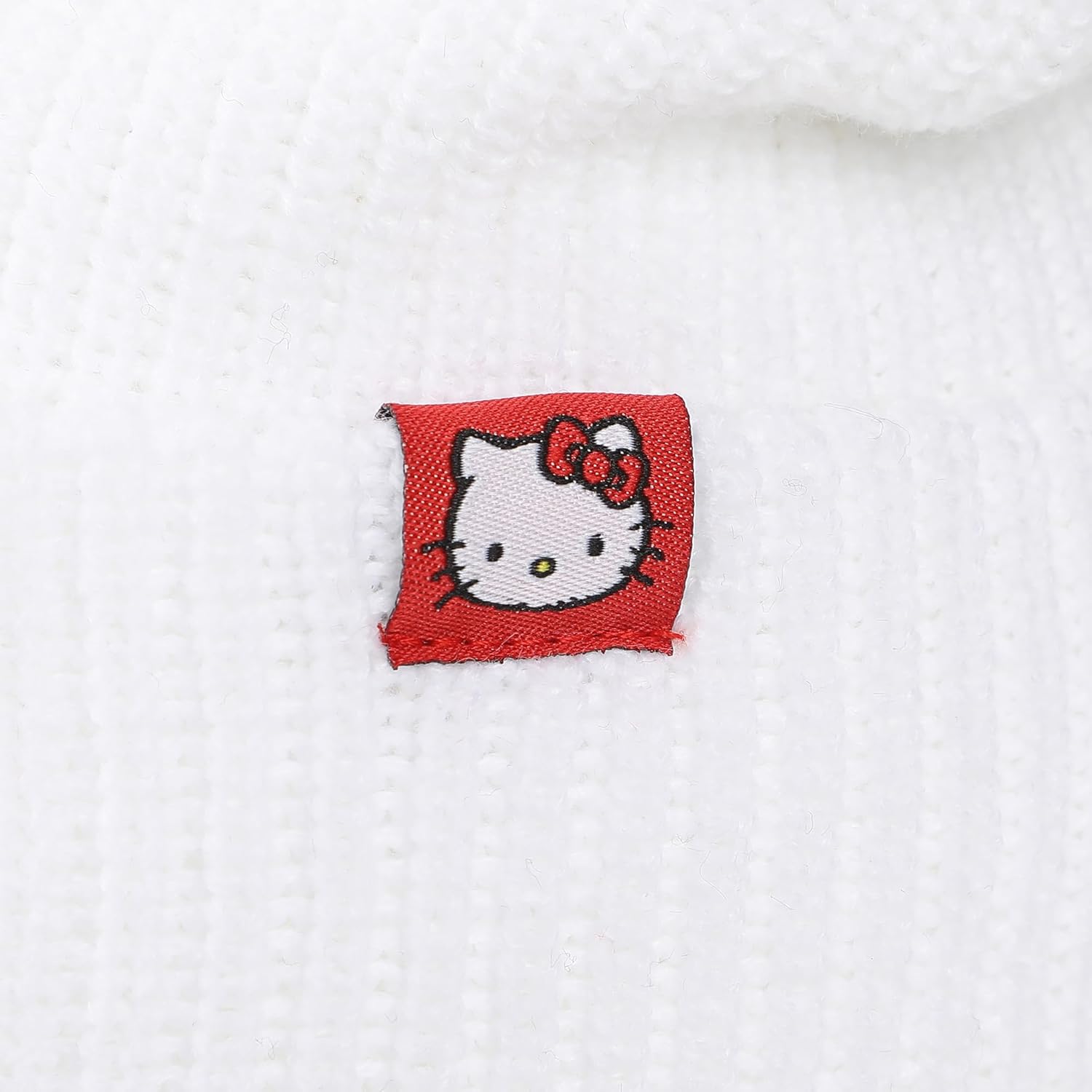 Hello Kitty Novelty Ear White Acrylic Beanie with Cut Fabric Bow with Embroidery and Red Woven Label Cuff Beanie - Image 4