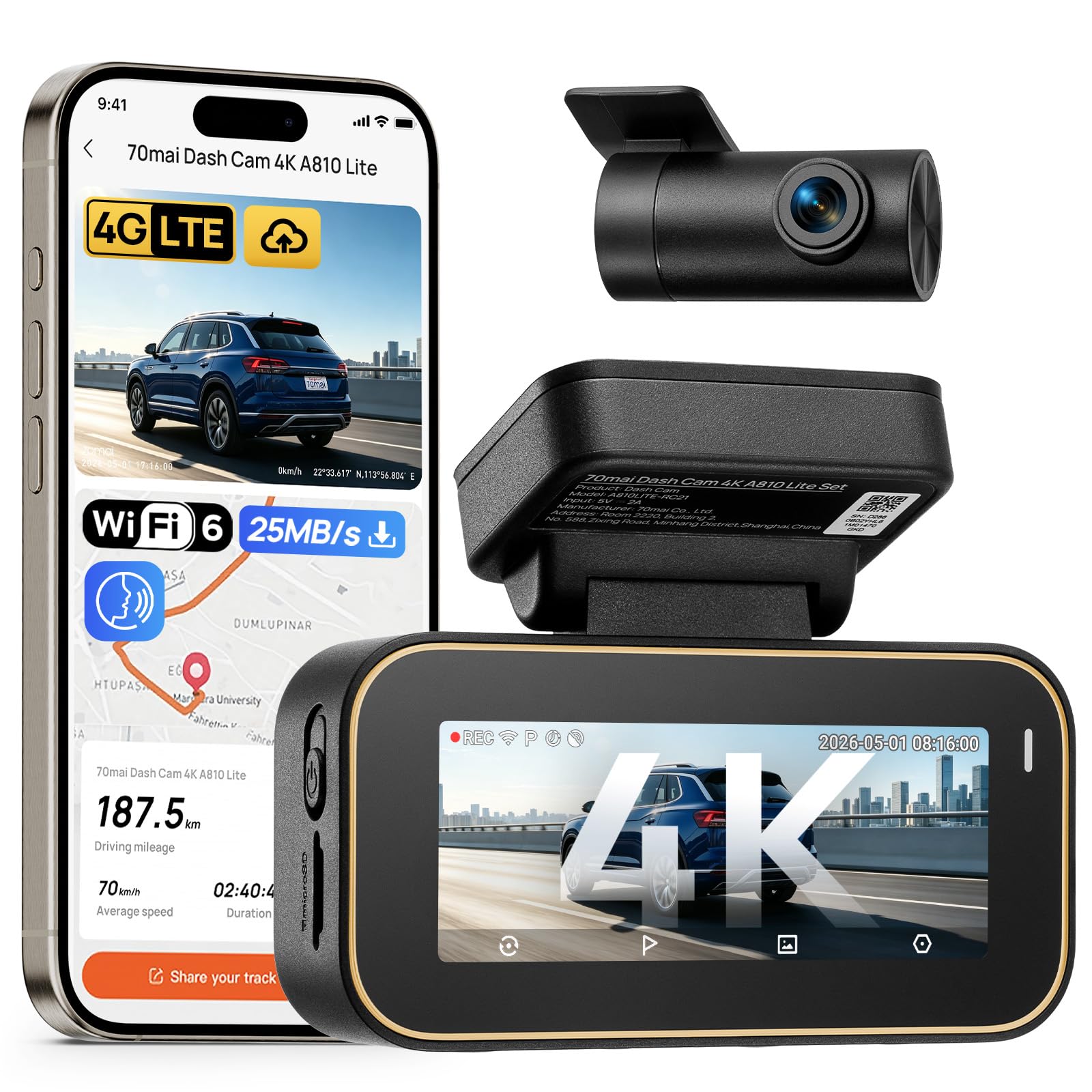 70mai A810 Lite Dashcam Vorne Hinten, 4K Dashcam Auto HDR - Keine SD-Karte
