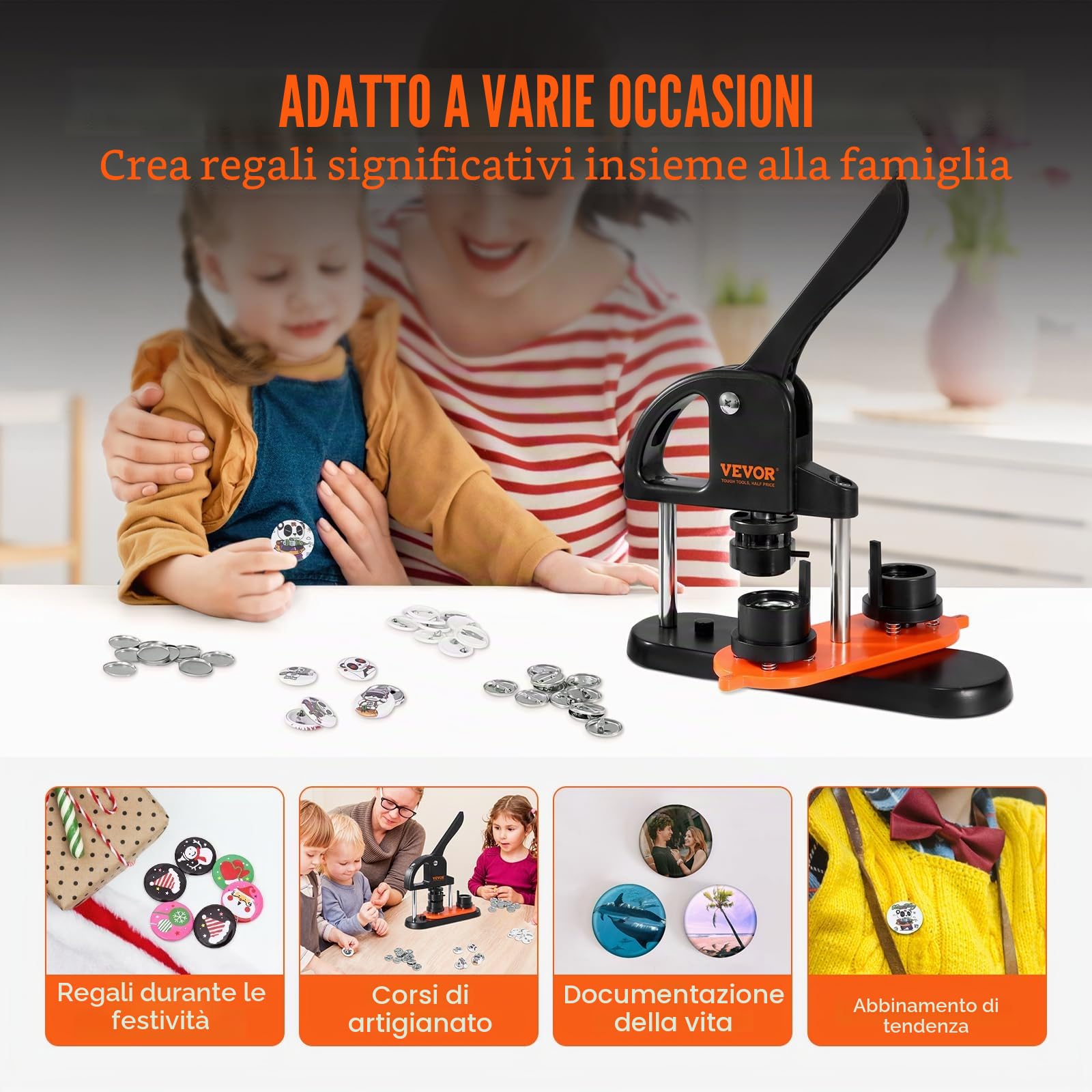 VEVOR Kit per Fustellatrice Manuale di Badge Spillo Bottoni Diametro 25mm 500 Pezzi, Kit di Punzonatrice Manuale in Plastica per Badge Spillo Fai-da-te con Accessori Completi Modelli da Diametro 25mm