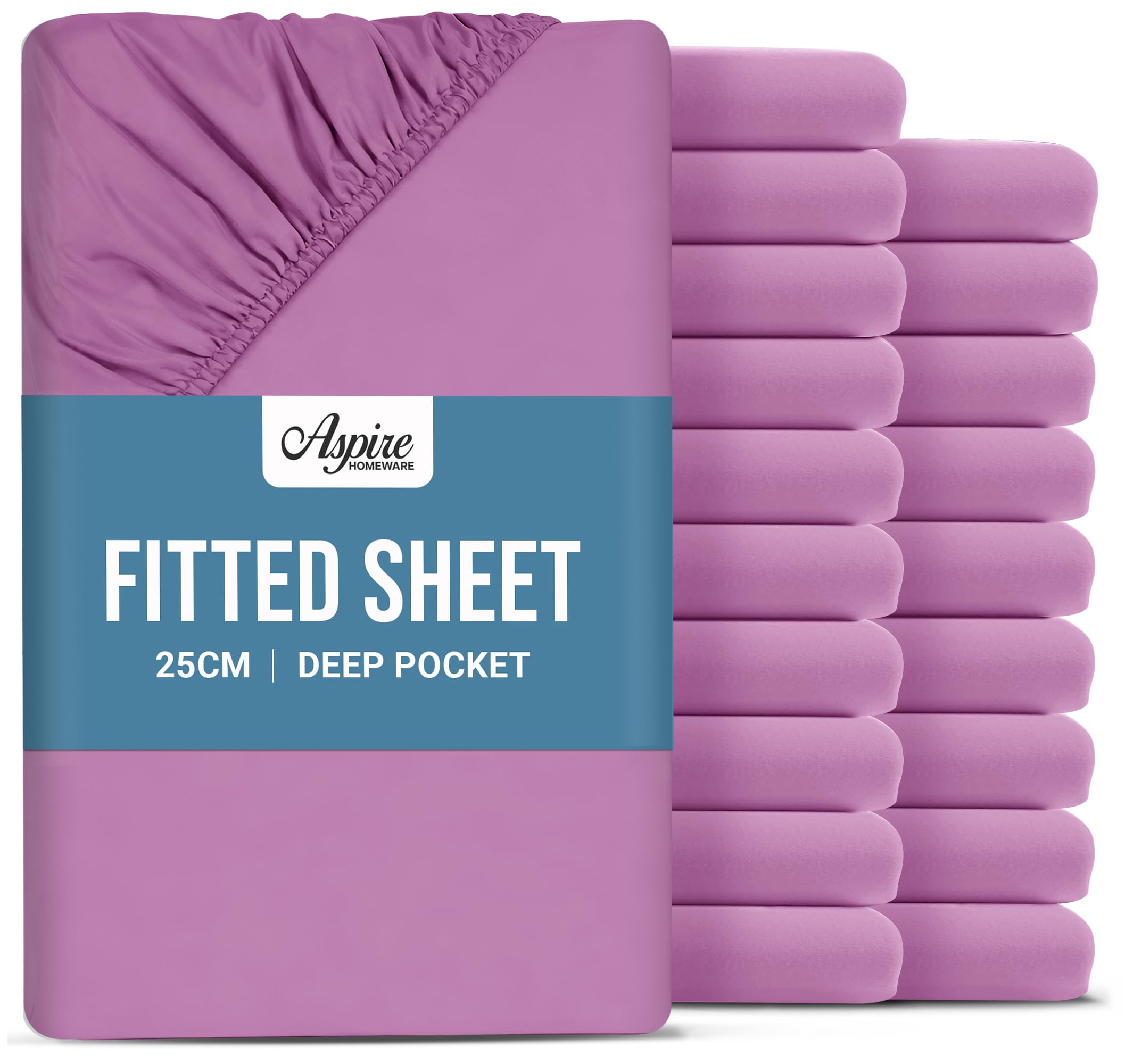 Aspire Homeware Single Fitted Sheet 20 Pack - 25 cm Deep Hotel Quality (Purple) Bed Sheets - Soft & Breathable Fitted Sheet Single Bed - Anti-Wrinkle Easy Care Fitted Sheets